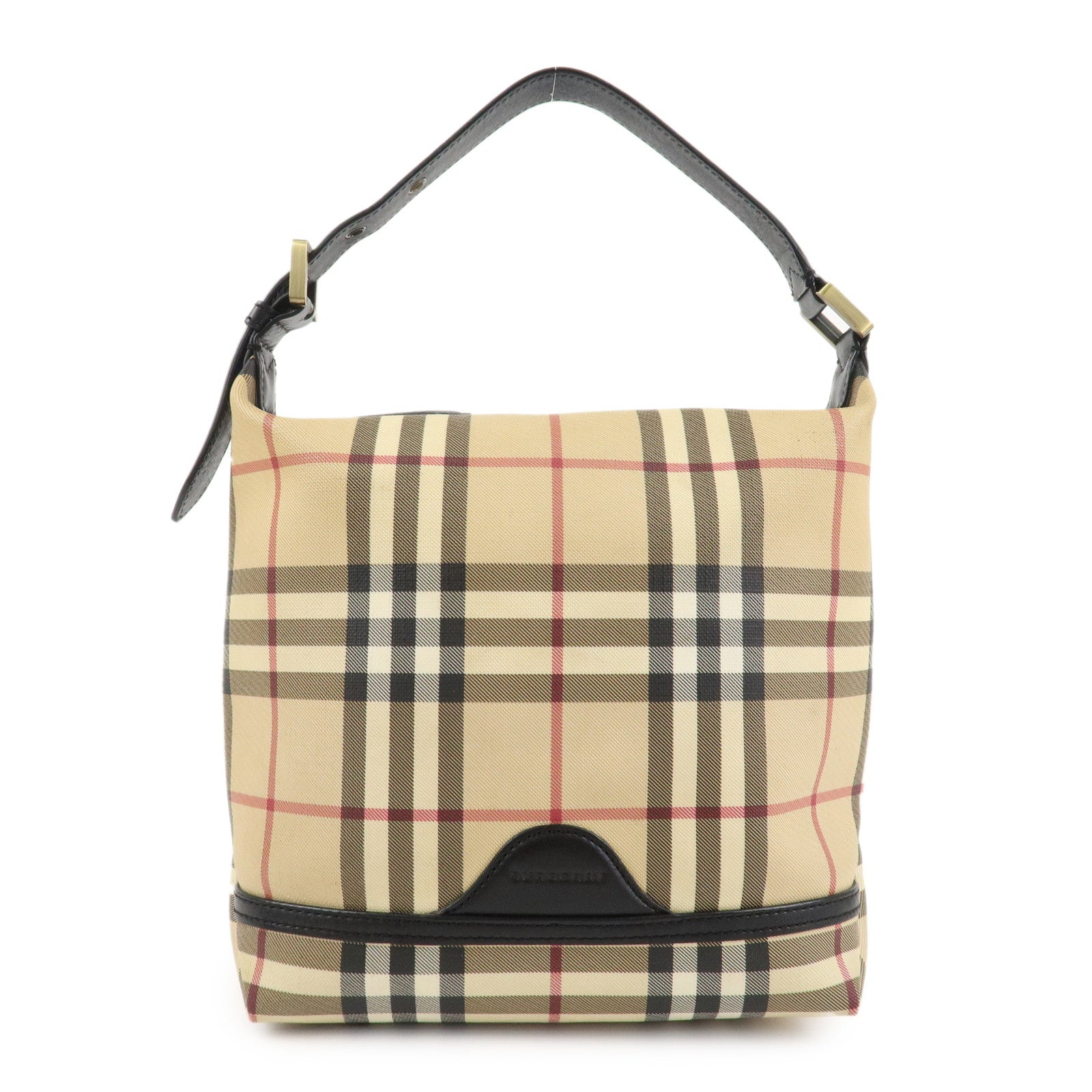 BURBERRY Nova Plaid Canvas Leather Shoulder Bag Hand Bag Beige Black Used