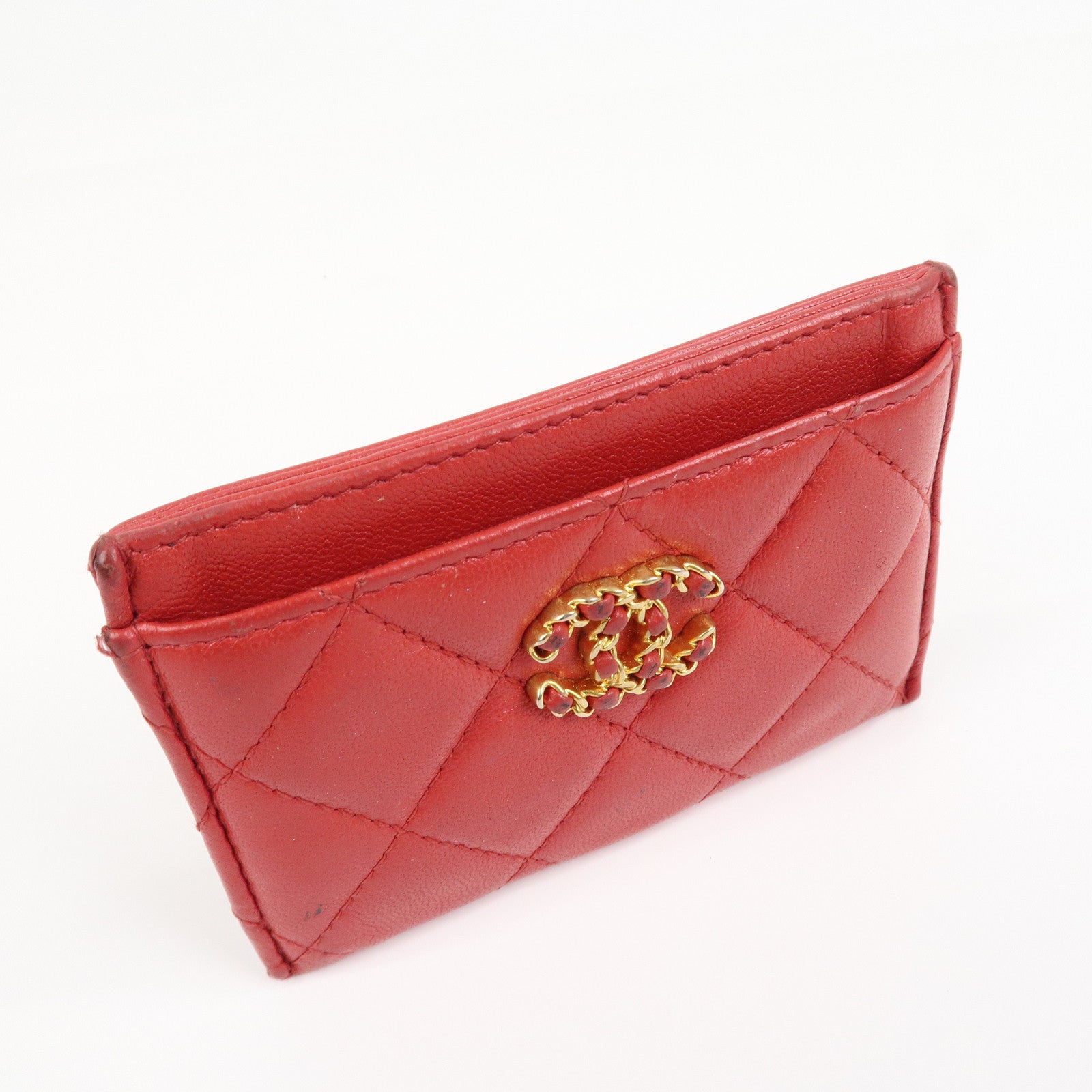 CHANEL COCO Mark Matelasse Lamb Skin Card Case Red