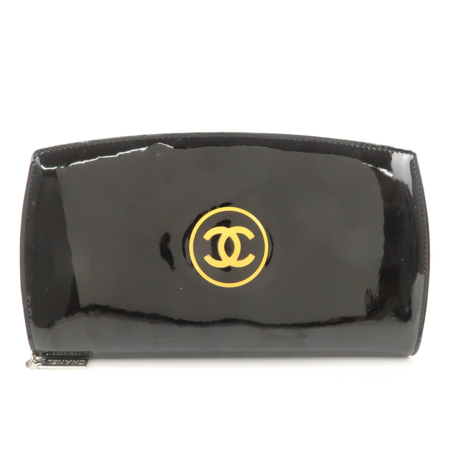 CHANEL COCO Mark Makeup Patent Leather Round Zippy Wallet Black A47663 Used