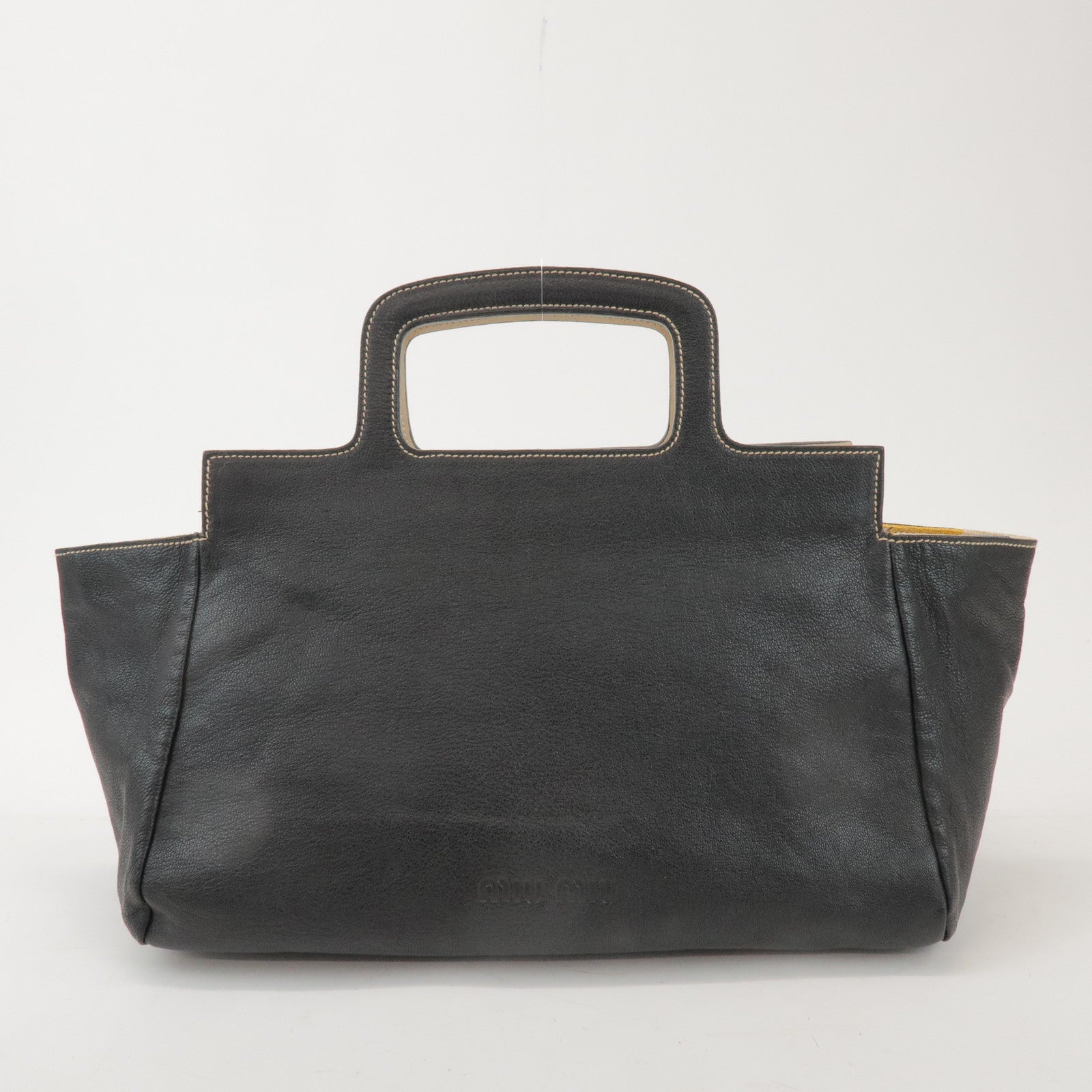 MIU MIU Madras Leather Canvas Reversible Hand Bag Ivory Black