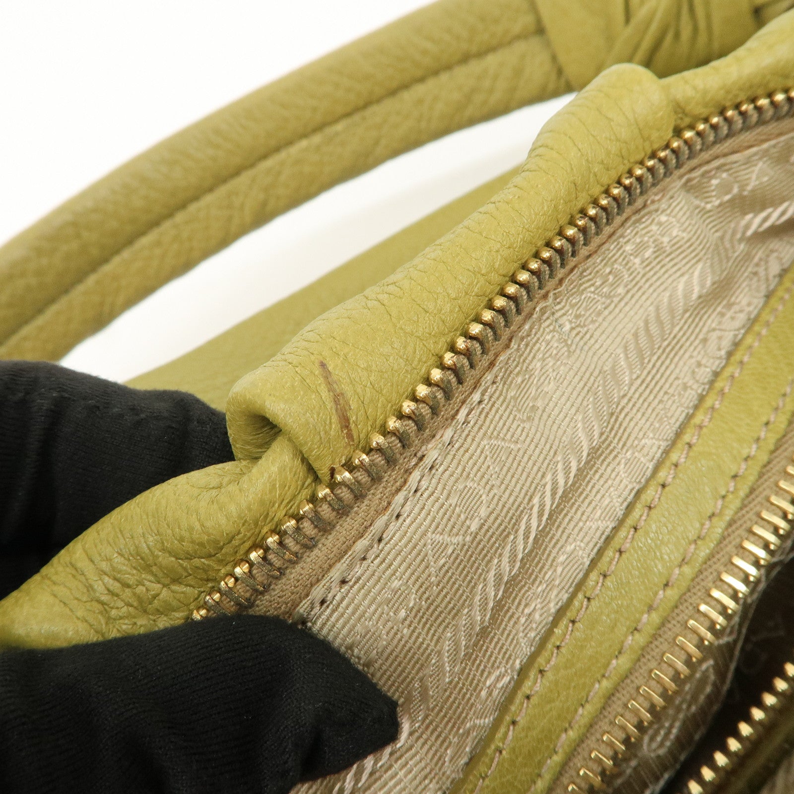 PRADA Logo Leather Shoulder Bag Hand Bag Khaki Gold HDW BR4070