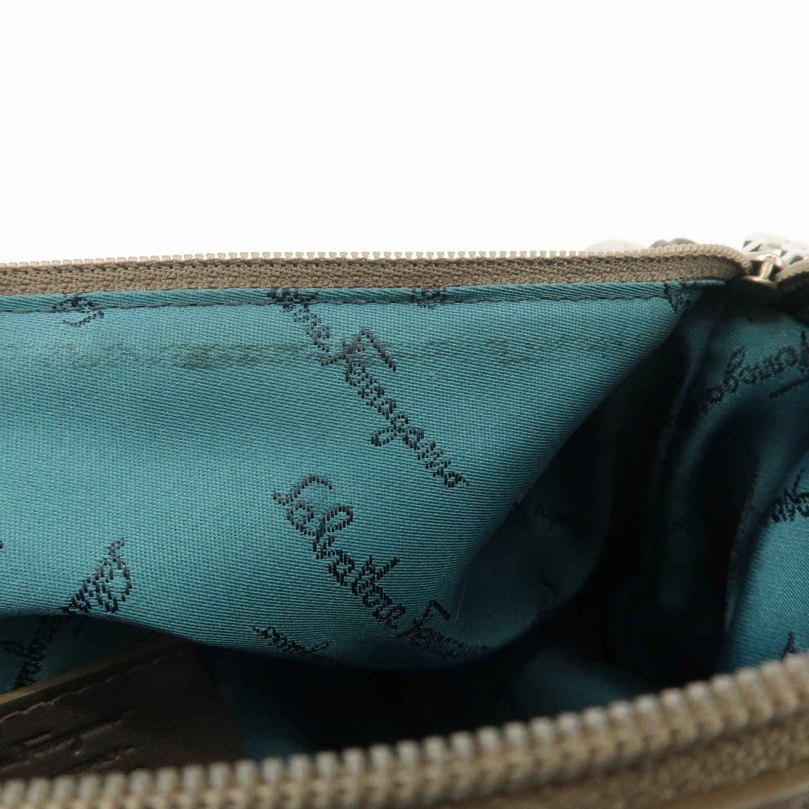 Ferragamo Gancini Leather Canvas Shoulder Bag Brown Silver Used