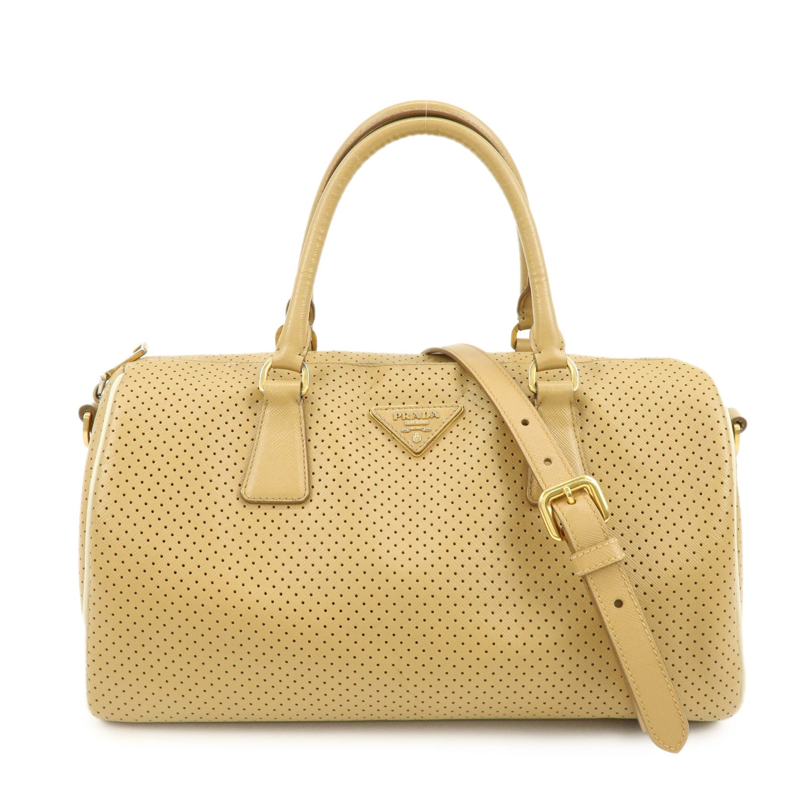 PRADA Triangle Logo Saffiano Leather Punched Boston Bag Beige
