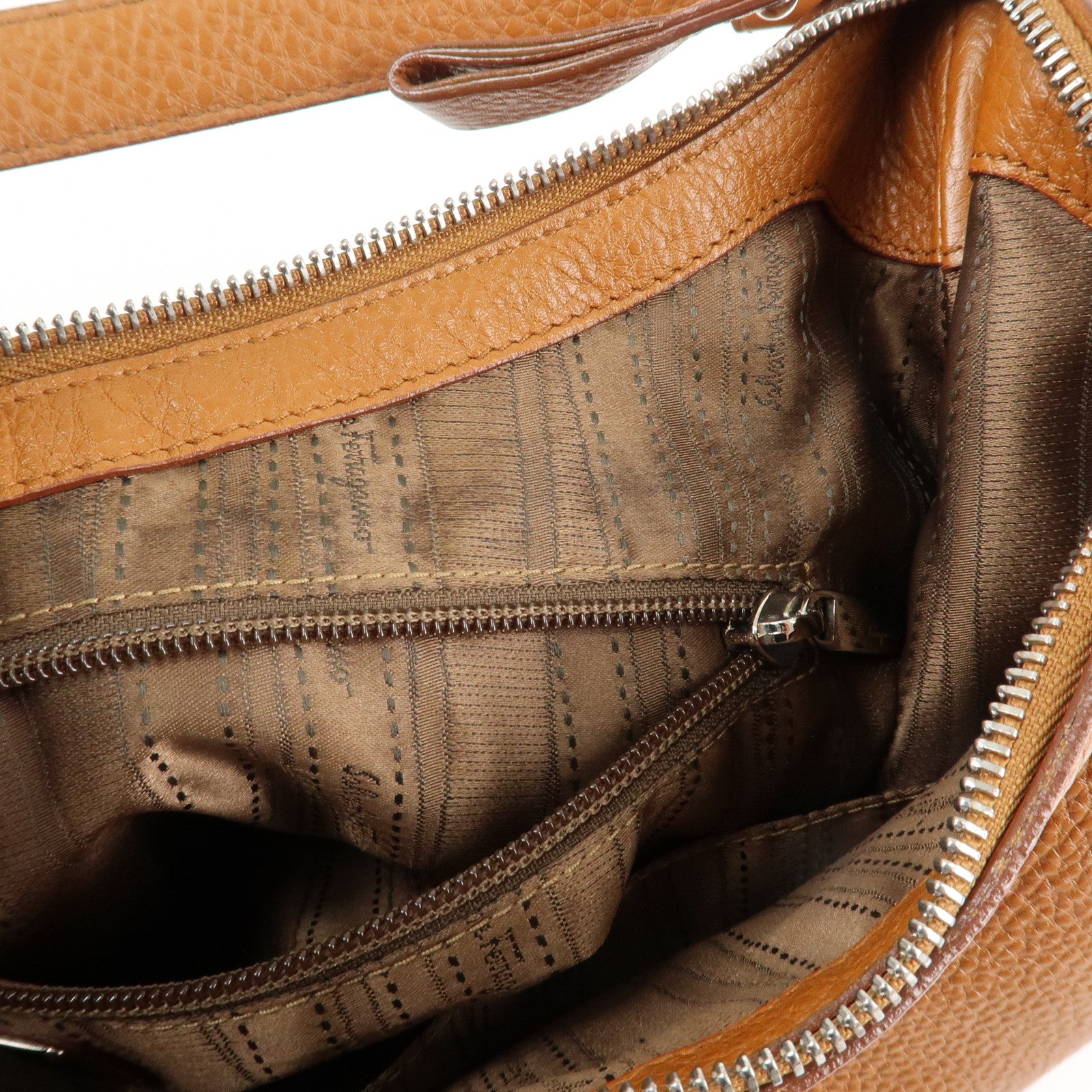 Ferragamo Gancini Leather Shoulder Bag Brown Silver Hardware Used