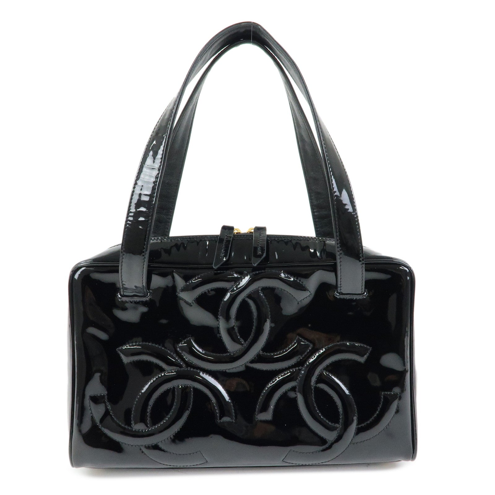 CHANEL Triple COCO Mark Patent Leather Tote Bag Hand Bag Black