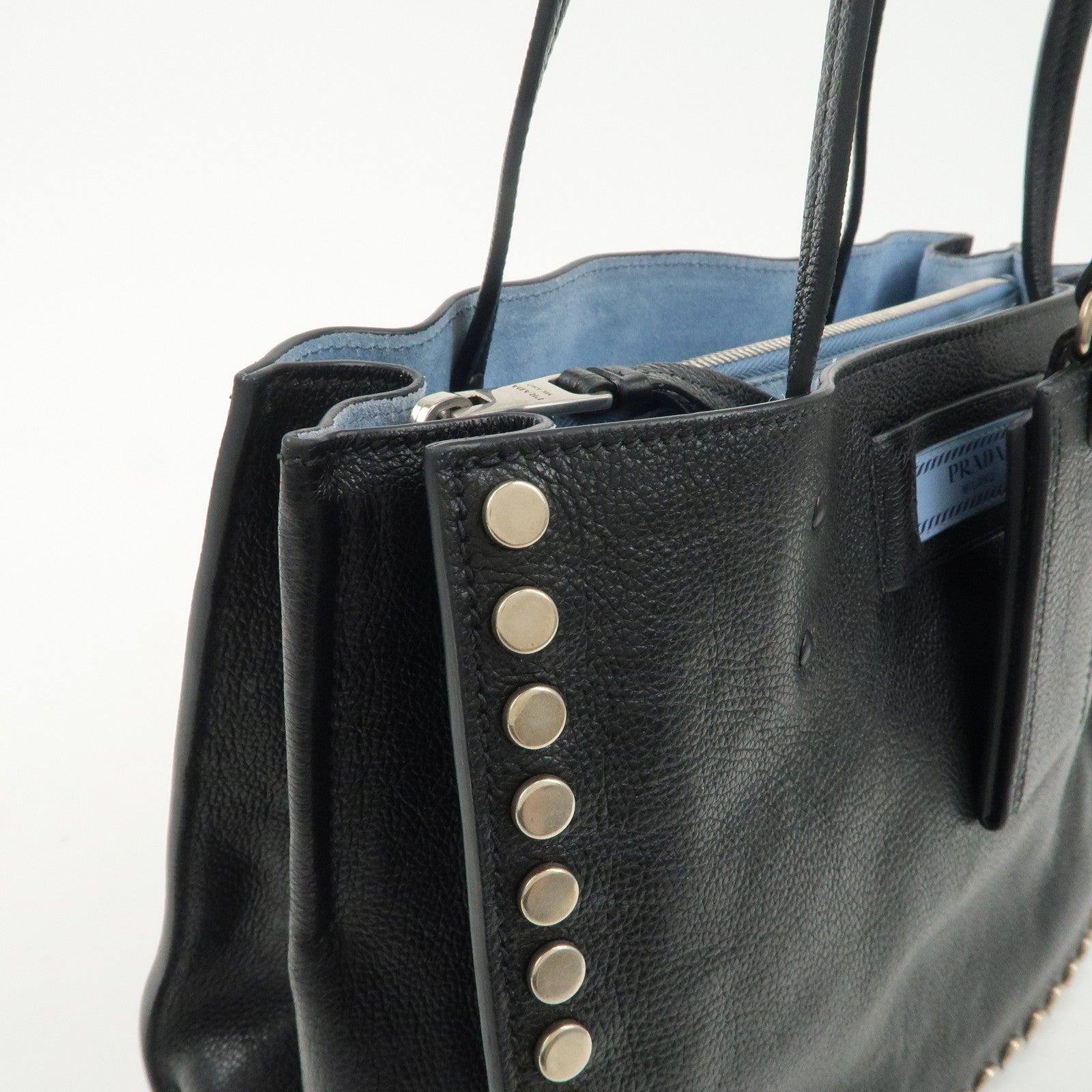 PRADA Logo Etiquette Leather Tote Bag Studs Black 1BG121
