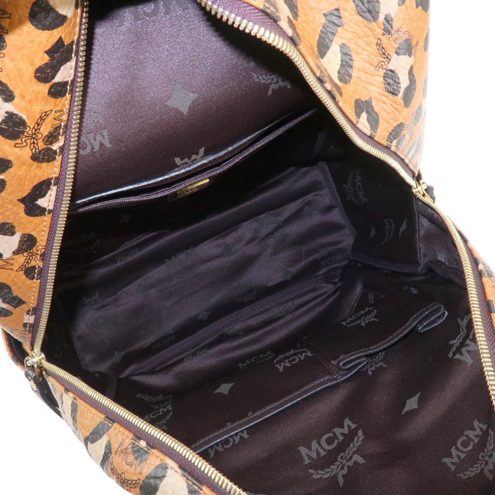 MCM Visetos Leather Leopard Back Pack Black Beige Brown Gold HDW Used
