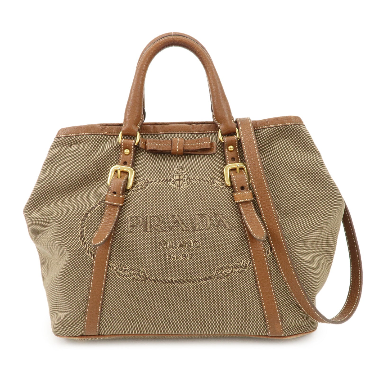 PRADA  Leather Logo Jacquard Tote Bag Ribbon Beige Brown BN1841 Used