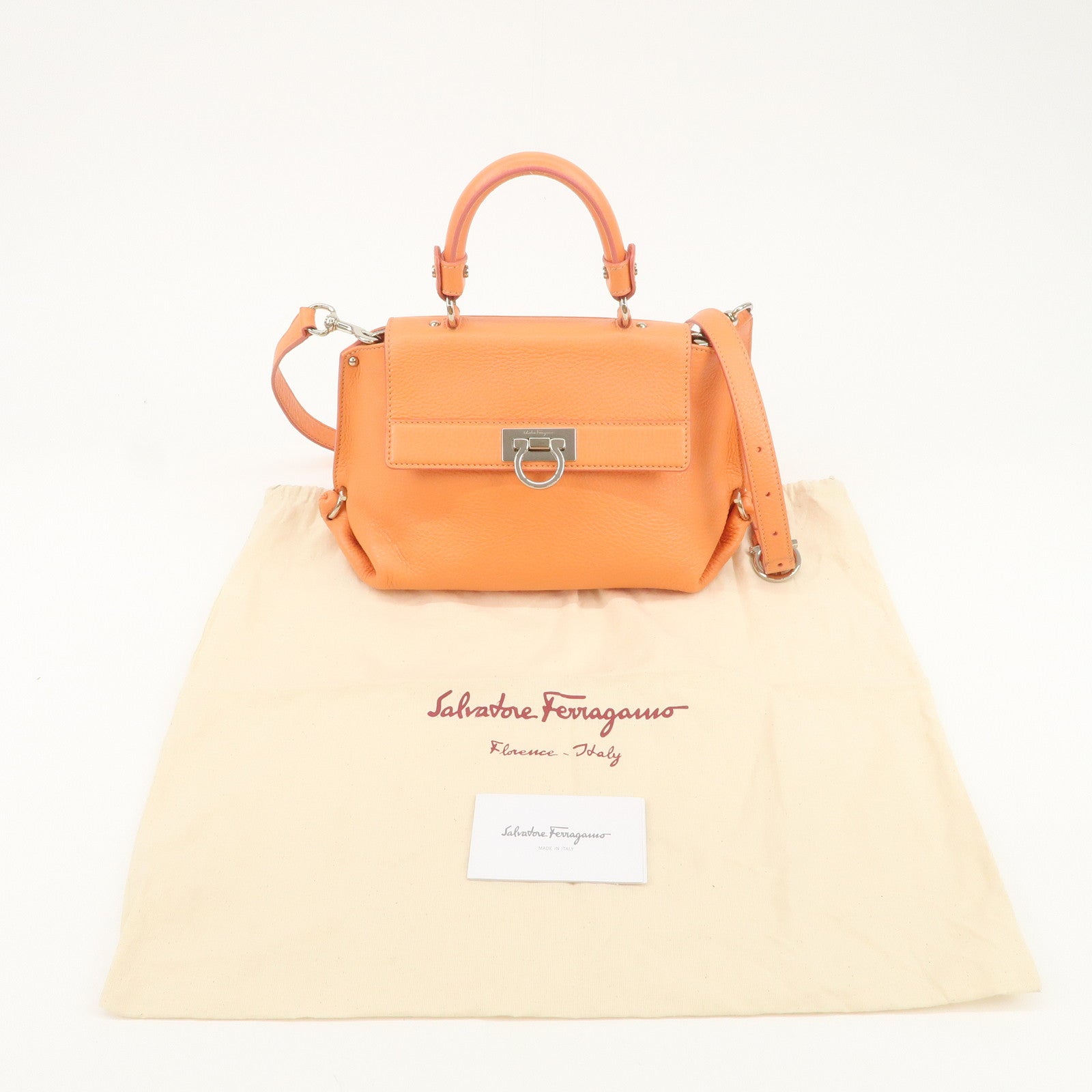 Ferragamo Gancini Leather 2Way Bag Hand Bag Shoulder Bag Orange