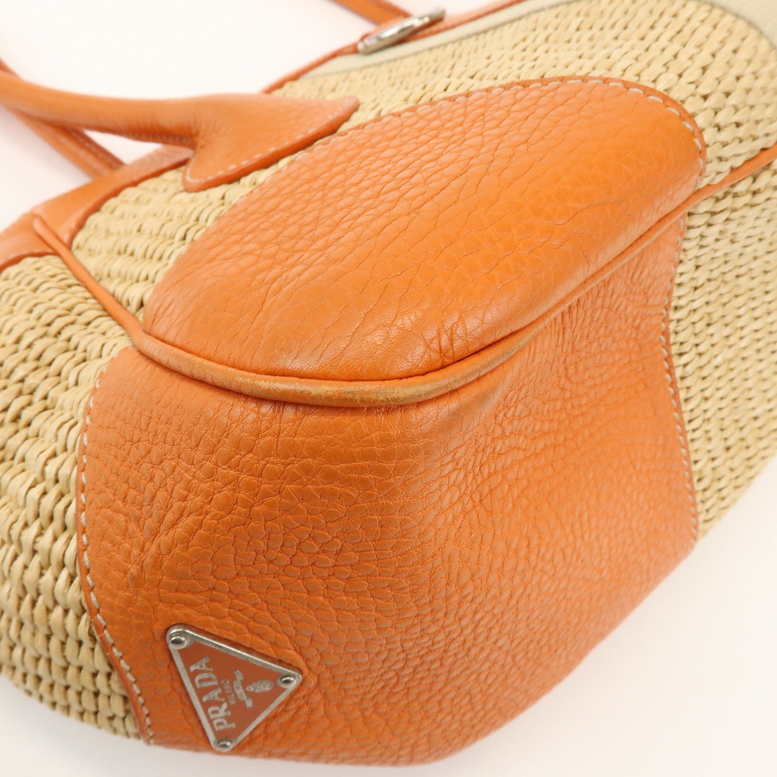PRADA Triangle Logo Raffia Leather Shoulder Bag Natural Orange