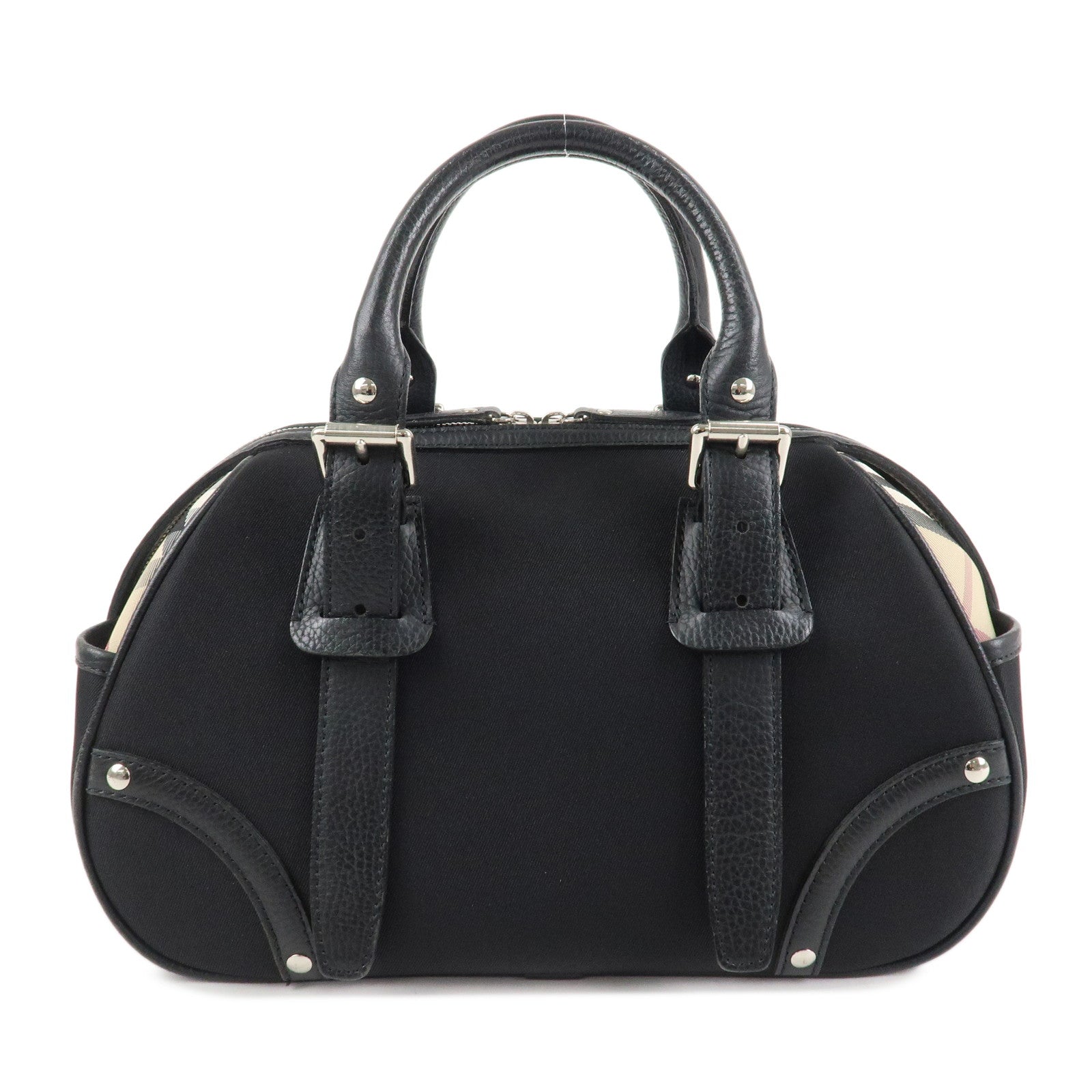 BURBERRY Canvas Leather Nova Plaid Boston Bag Black Beige Used