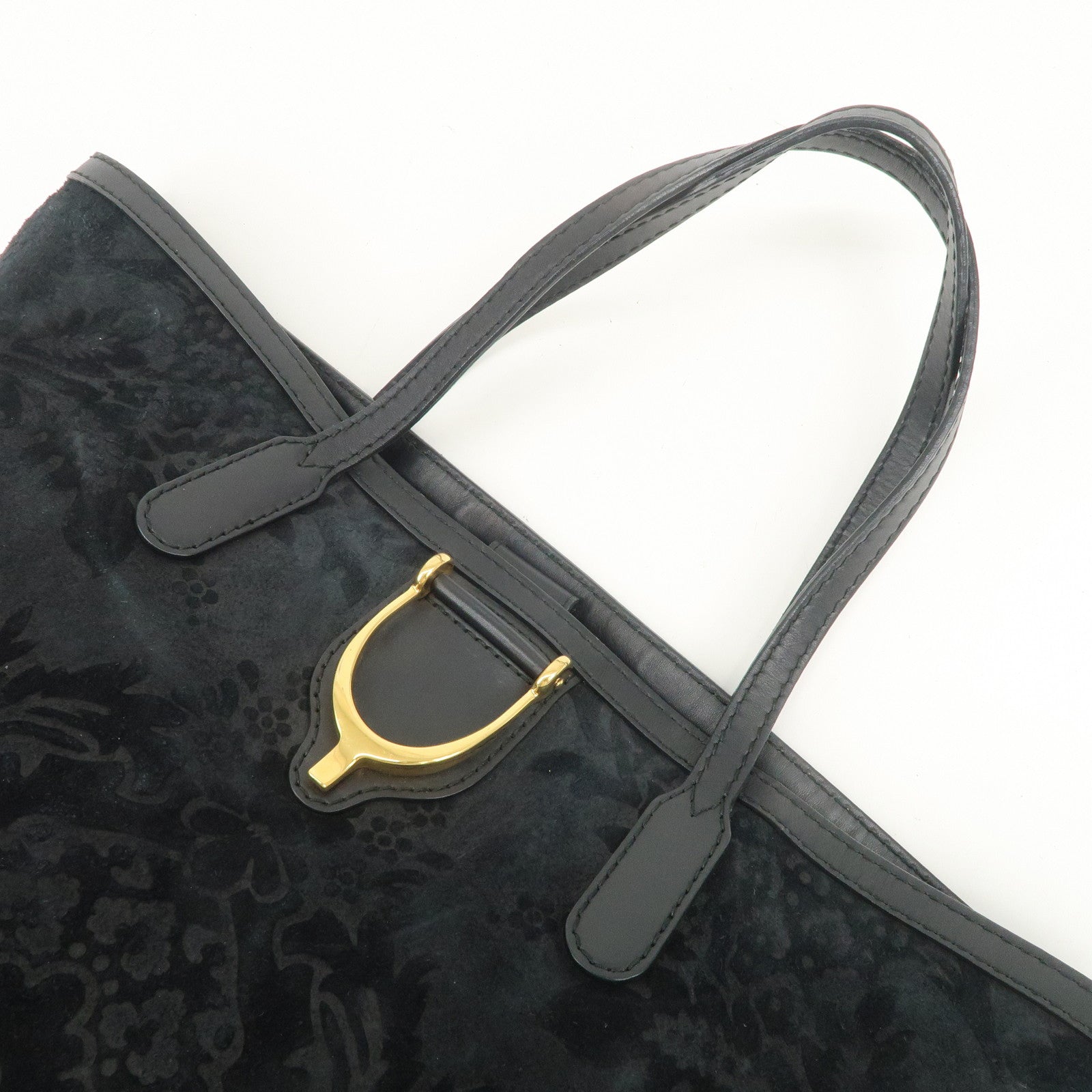 GUCCI Horsebit Logo Suede Leather Tote Bag Hand Bag Black 305585