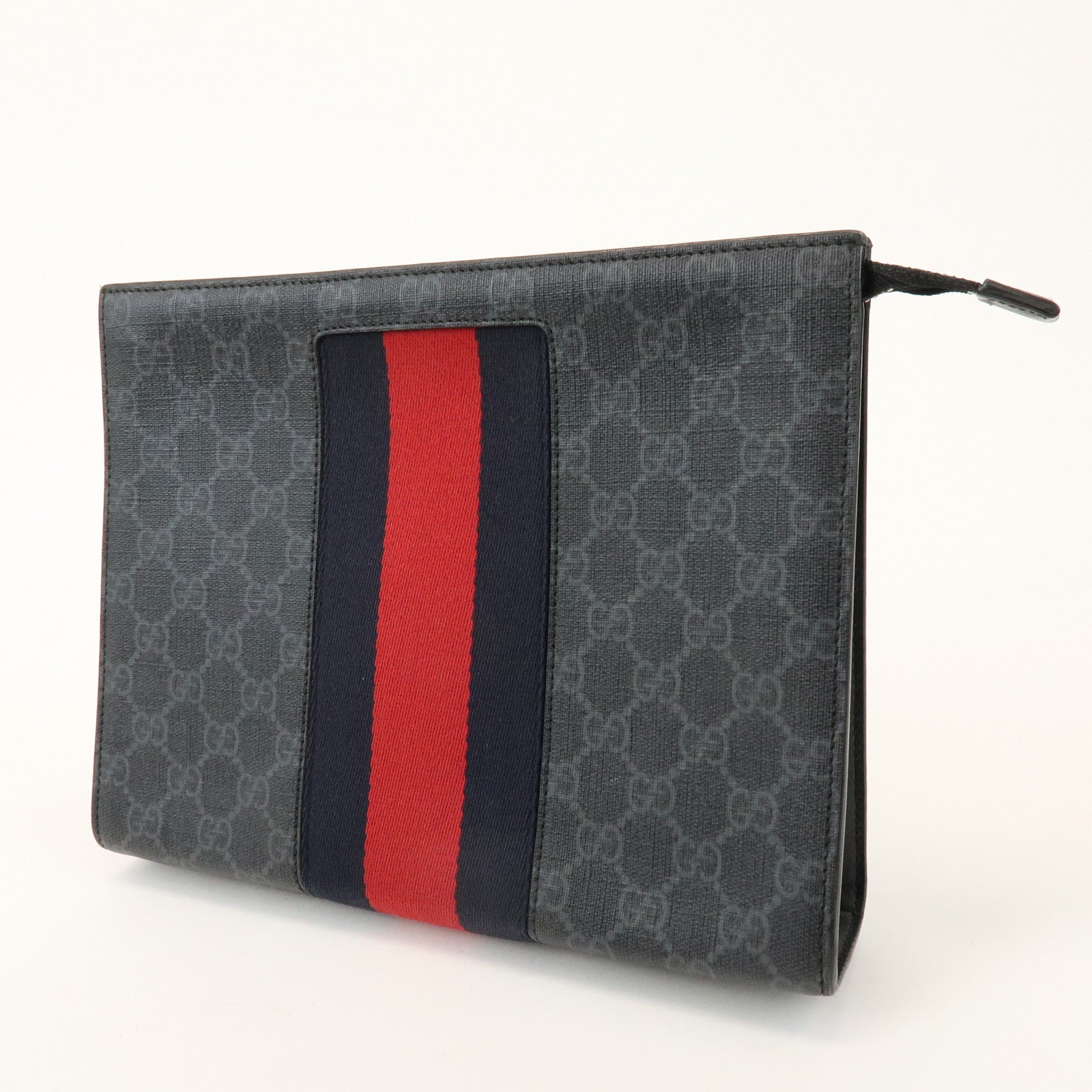 GUCCI Sherry GG Supreme Leather Clutch Bag Pouch Black Red 475316