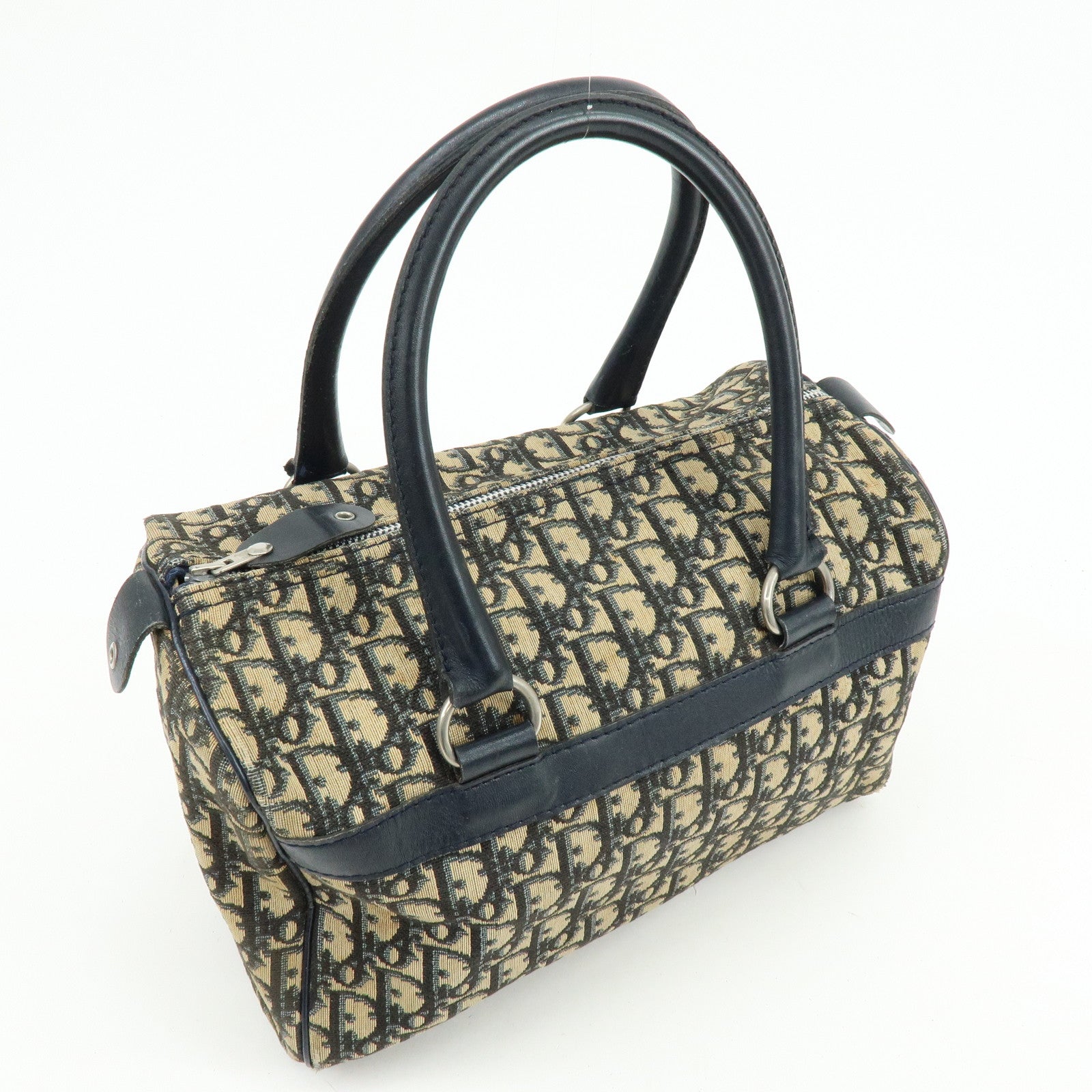 Christian Dior Trotter Leather Boston Bag Hand Bag Beige Navy