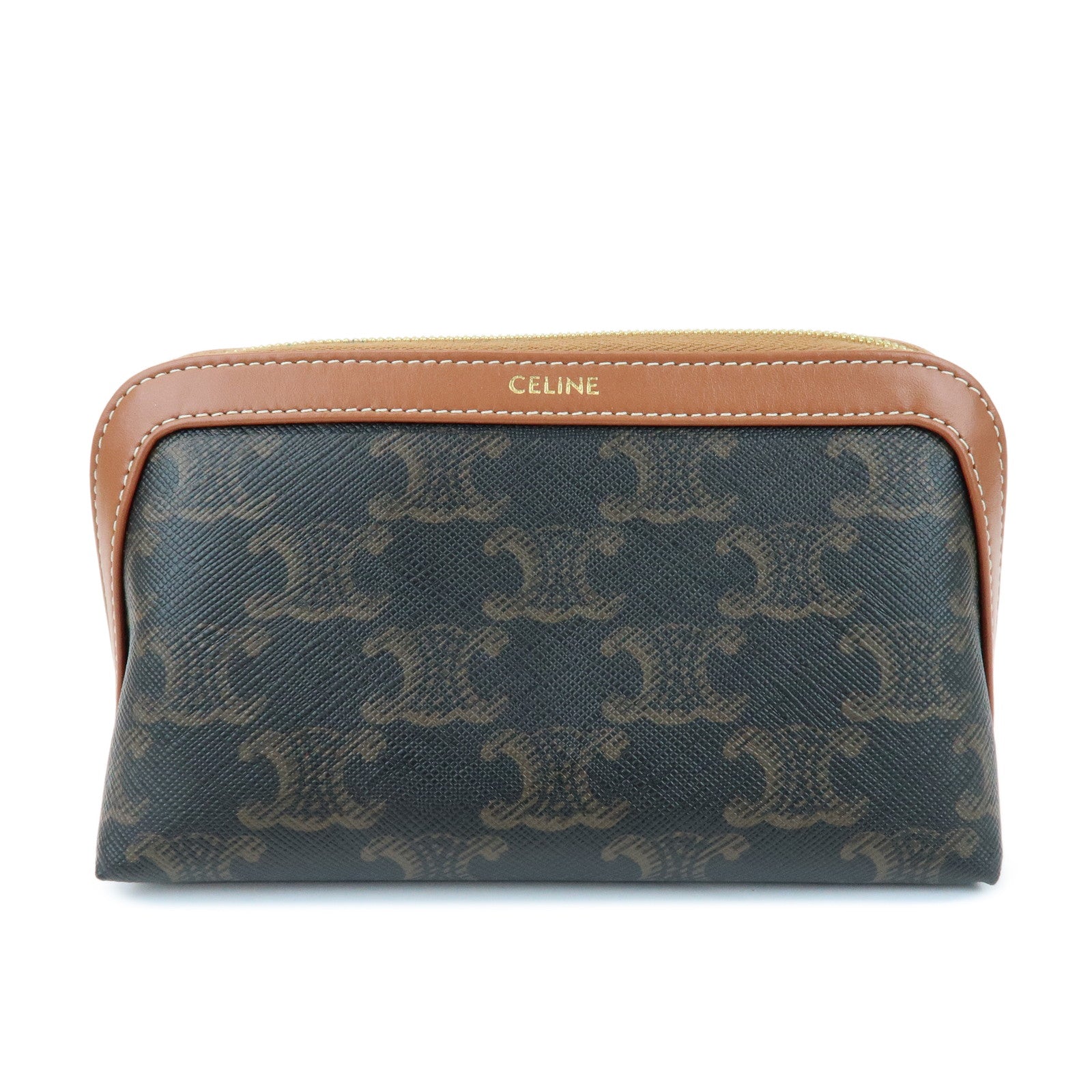 CELINE Triomphe PVC Calf Leather Cosmetic Pouch Accessory Pouch Tan