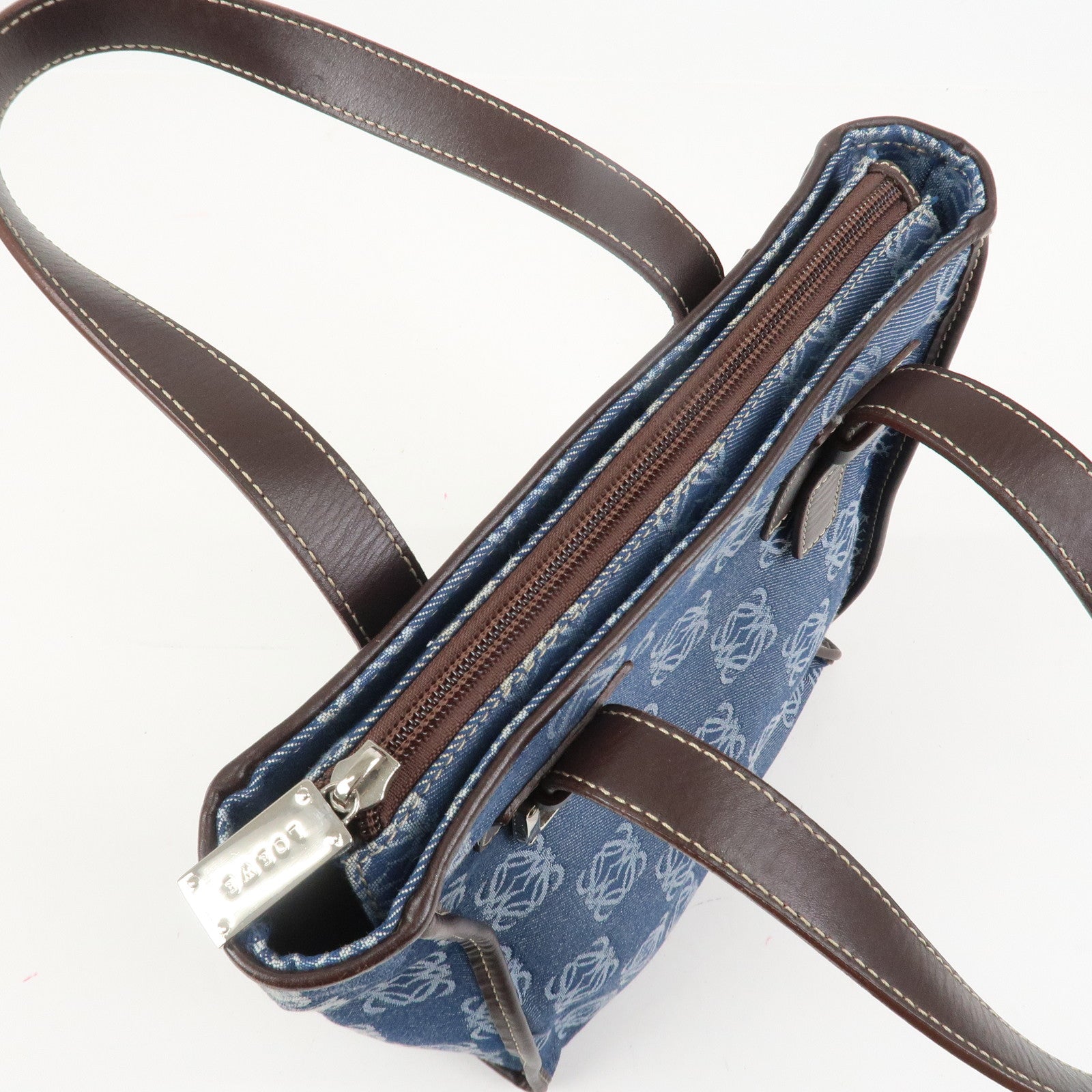 LOEWE Repeat Anagram Canvas Leather Tote Bag Hand Bag Blue Brown