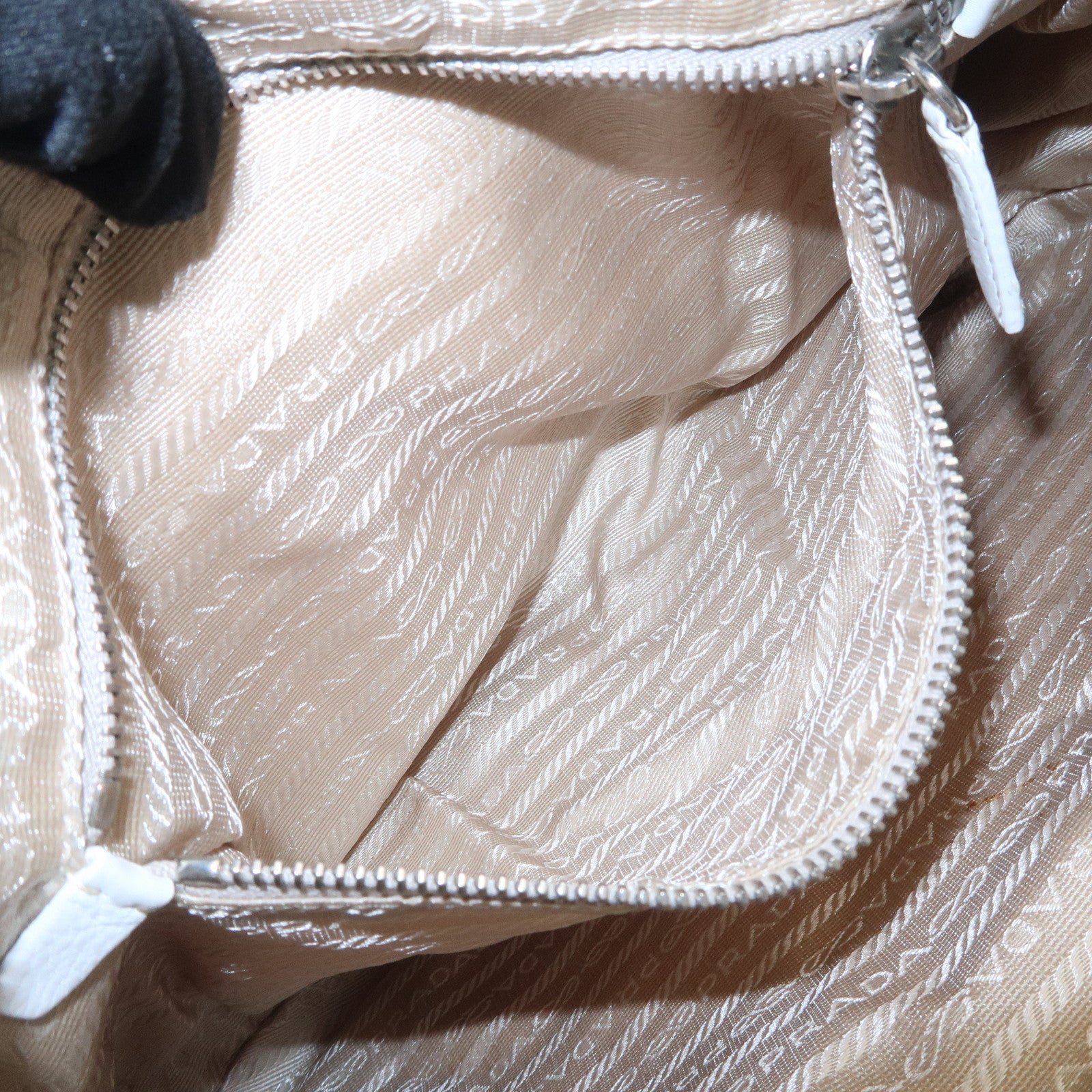 PRADA Triangle Logo Leather Nylon Shoulder Bag White Beige