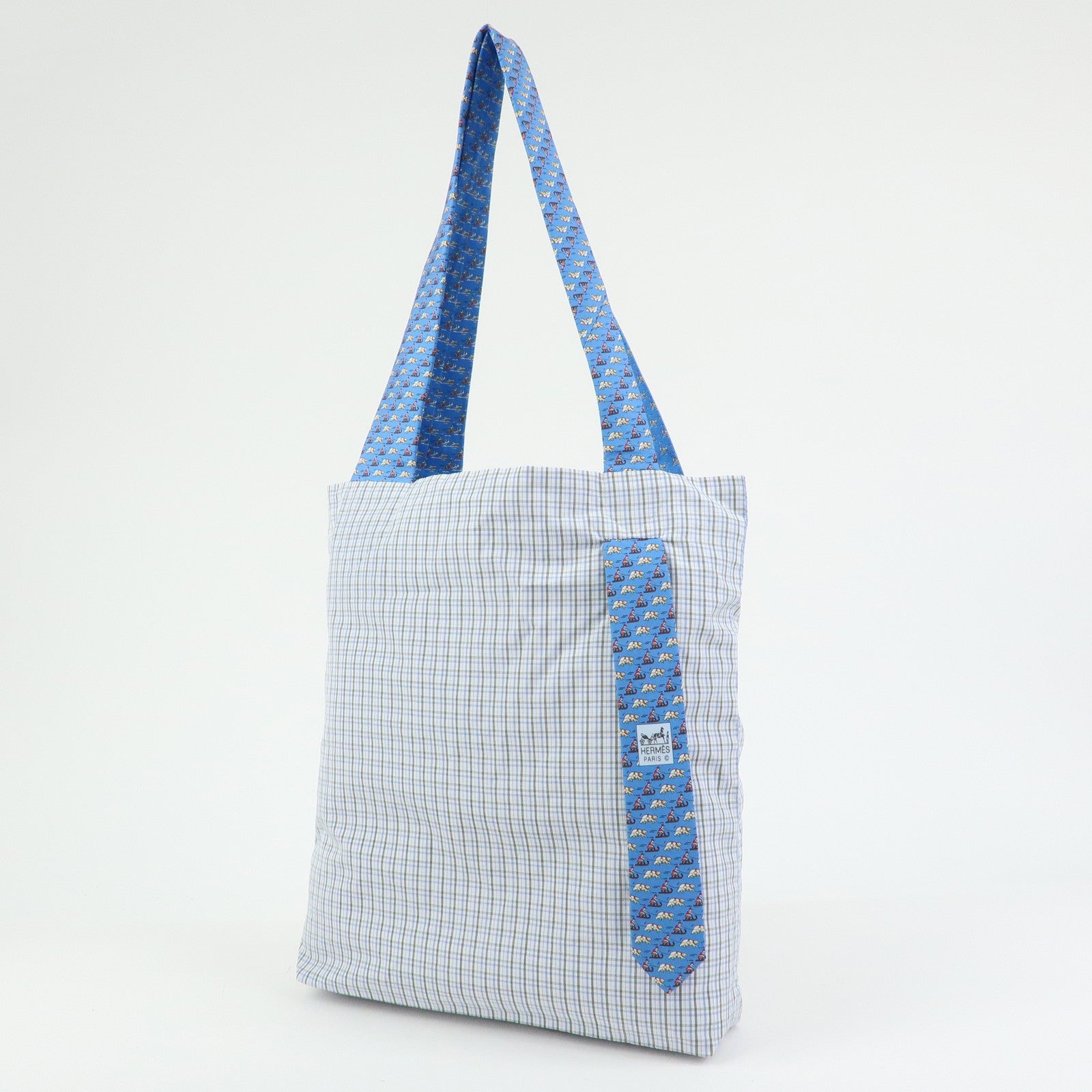 HERMES Silk Necktie Tote Bag Shoulder Bag Hand Bag Blue