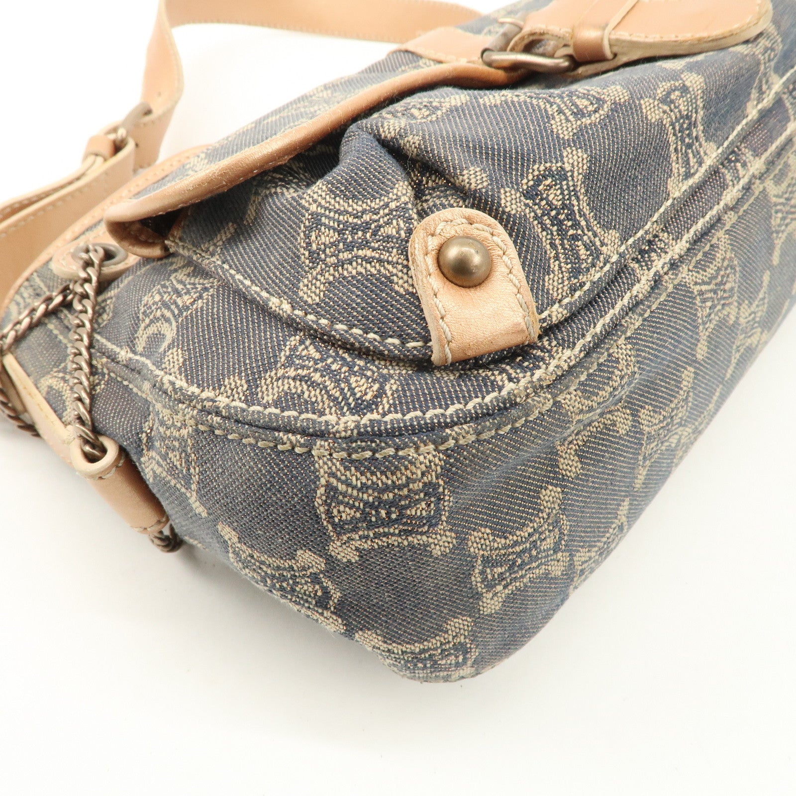 CELINE Macadam Leather Denim Shoulder Bag Hand Bag Beige Navy Used