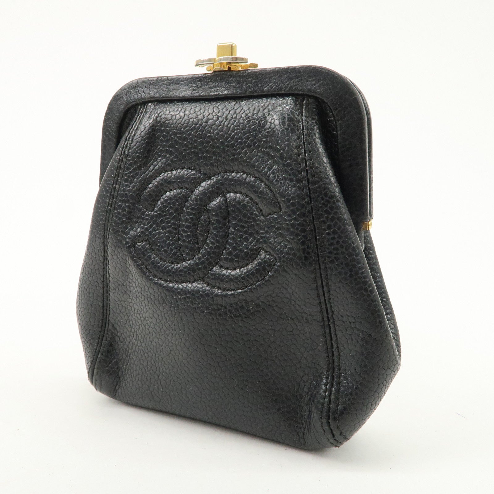 CHANEL COCO Mark Caviarskin Purse Wallet Pouch Black Used