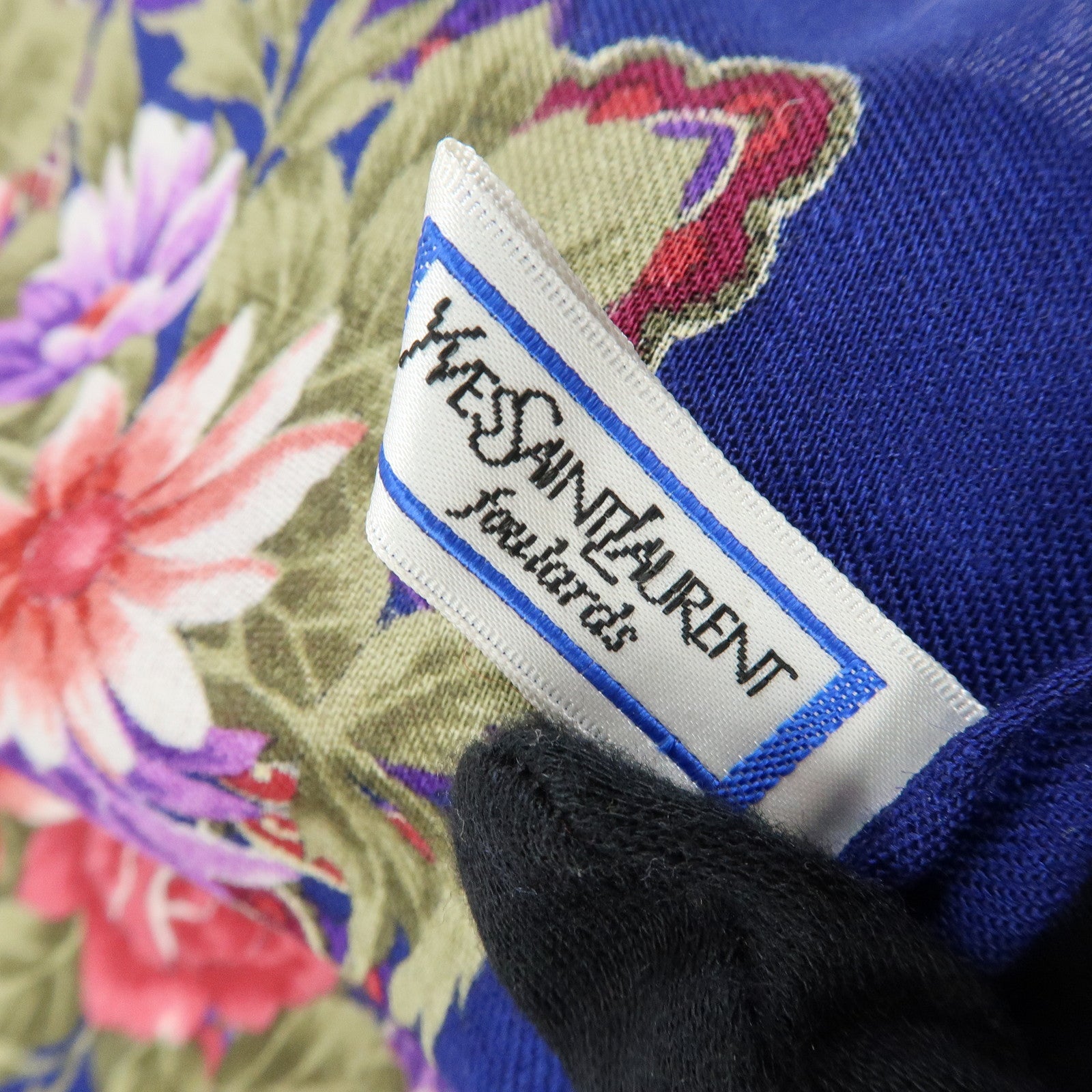 SAINT LAURENT PARIS Cotton Wool Scarf Flower Print Navy Red