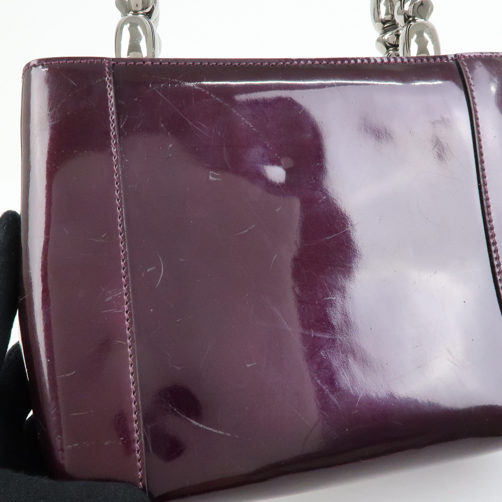 Christian Dior Maris Pearl Patent Leather Tote Bag Hand Bag Purple