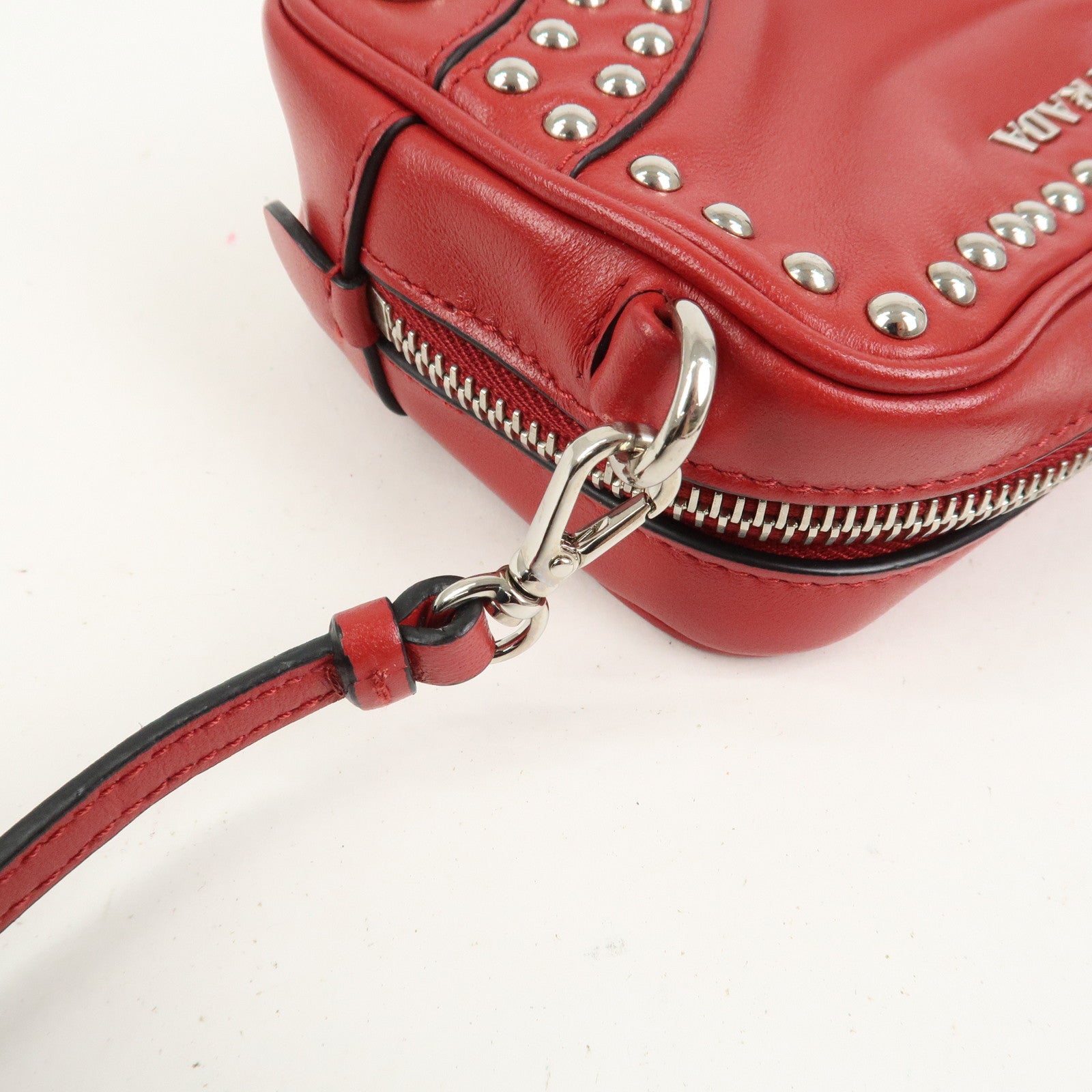 PRADA Logo Leather Mini Shoulder Bag Camera Bag Studs Red 1N1674