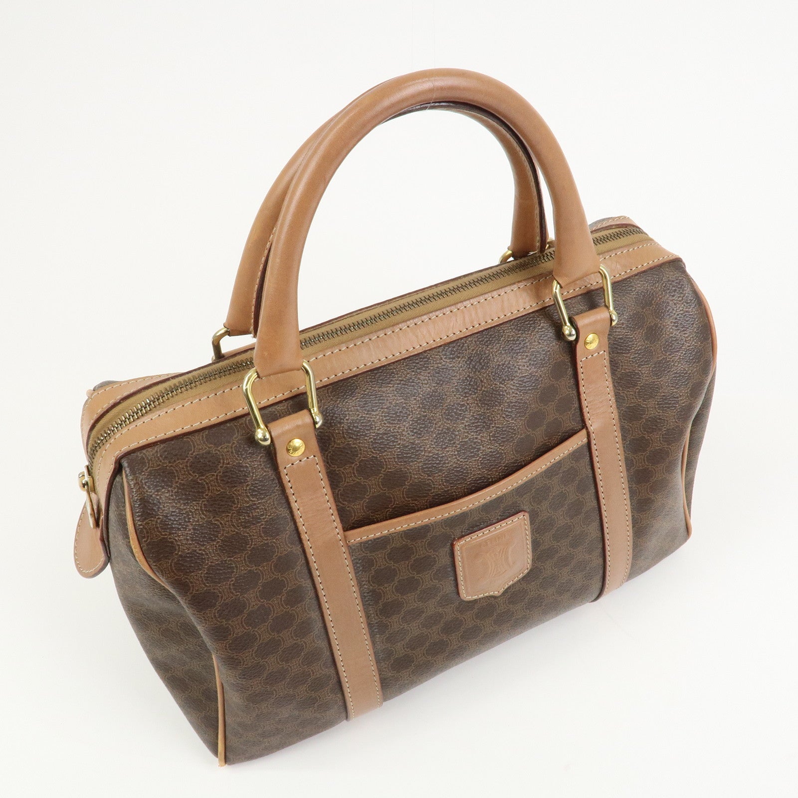 CELINE Macadam Logo PVC Leather Boston Bag Hand Bag Brown