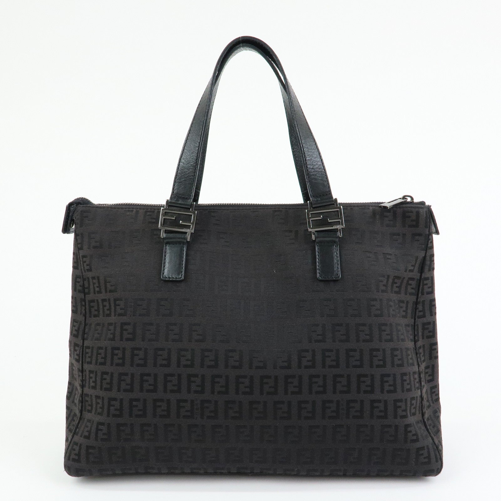 FENDI Zucchino Canvas Leather Tote Bag Hand Bag Black