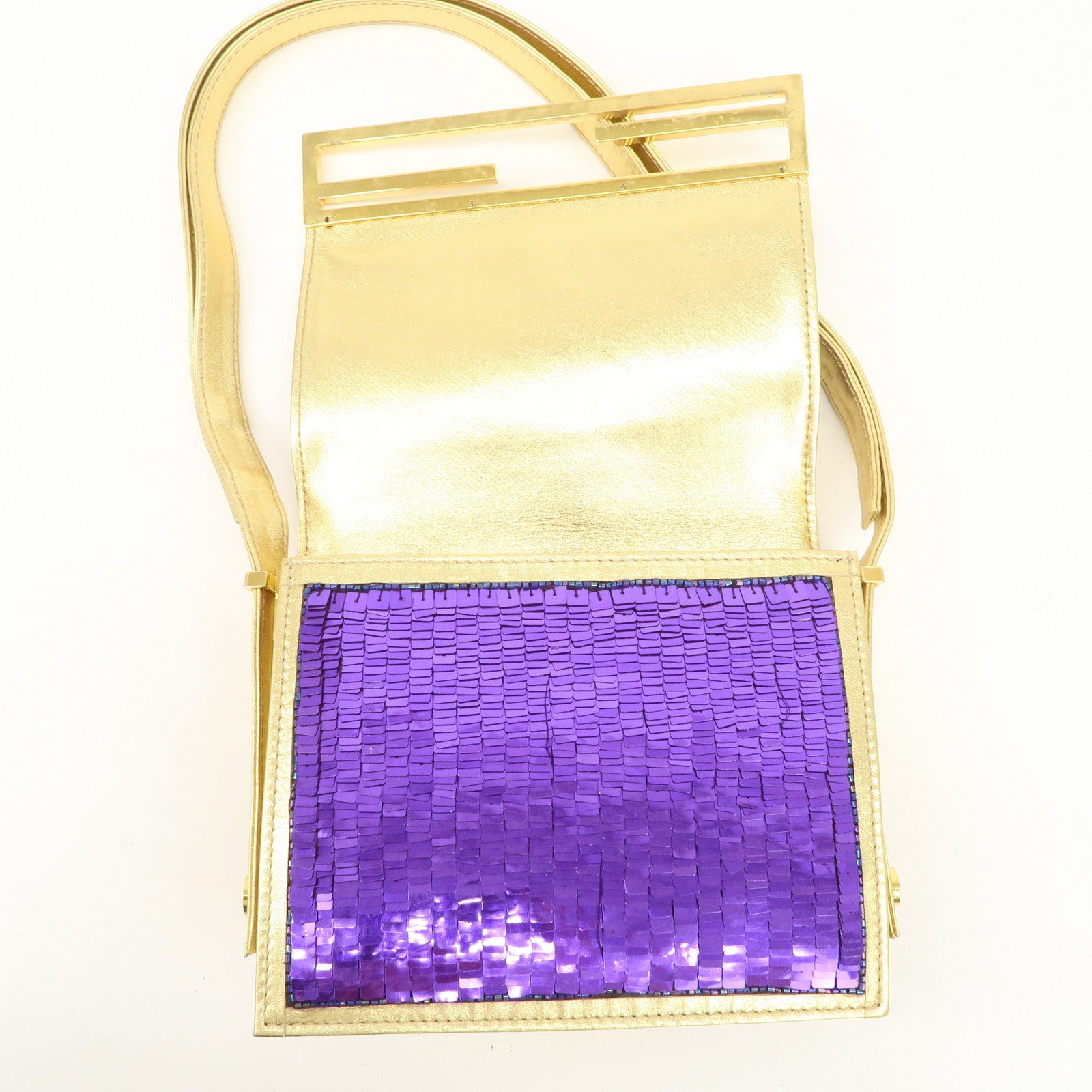 FENDI Leather Sequin Shoulder Bag Crossbody Bag Gold Red Purple
