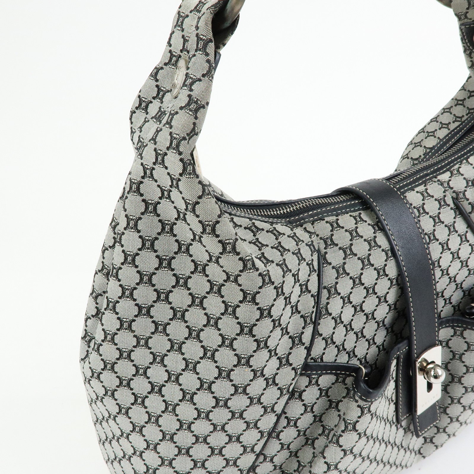 CELINE Macadam Canvas Leather Hand Bag Shoulder Bag Navy
