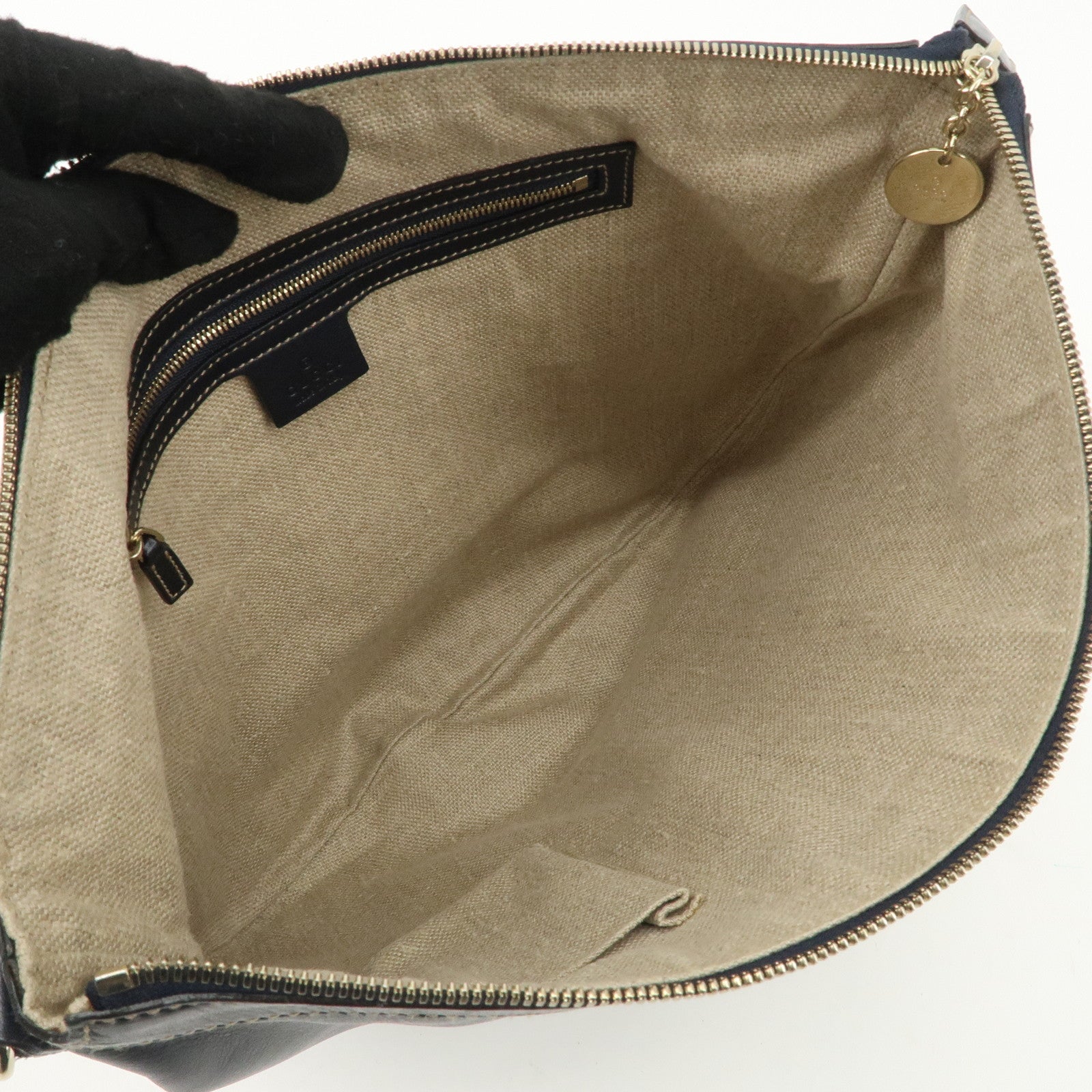 GUCCI Sherry Leather One Shoulder Bag Hand Bag Dark Navy Gold Hardware Used