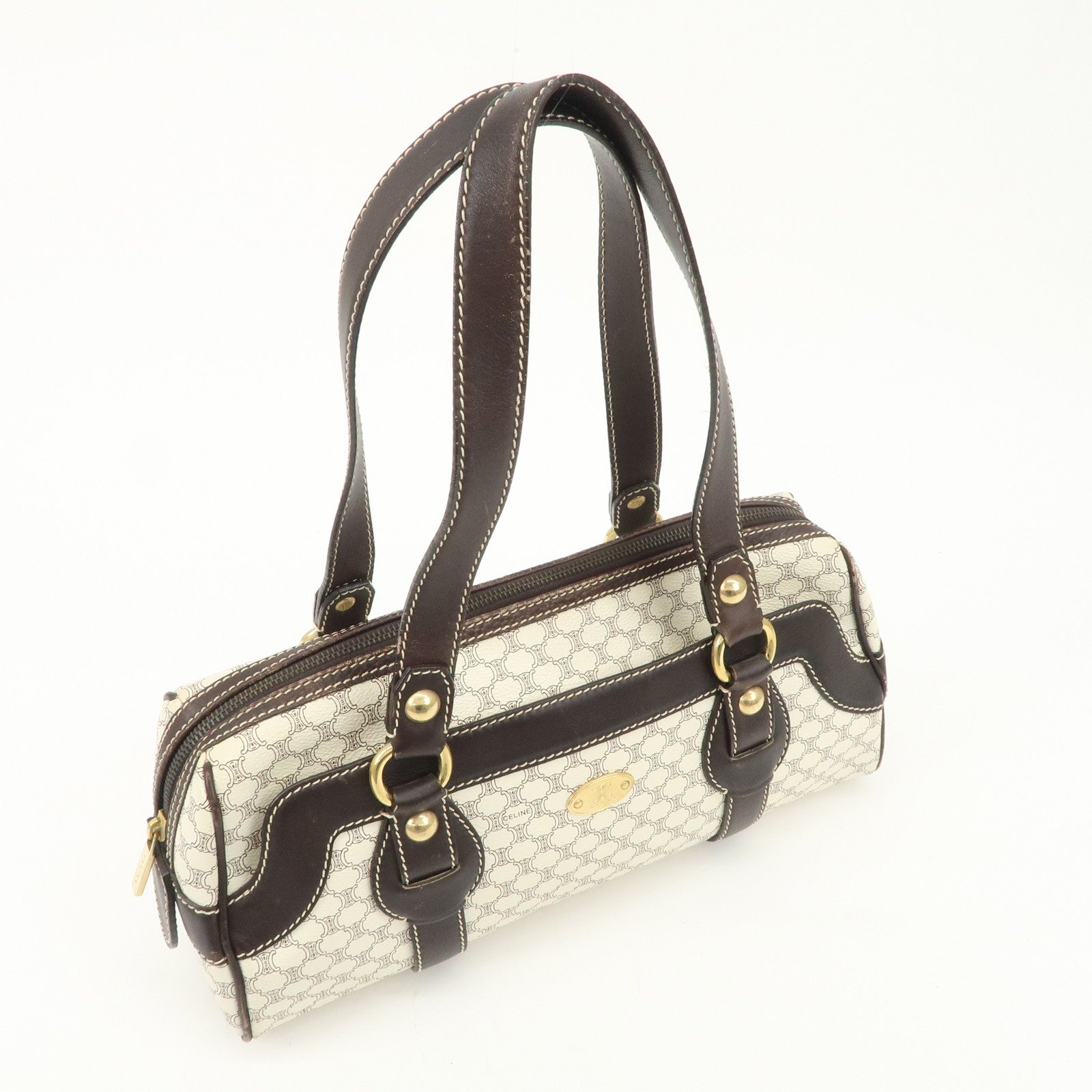 CELINE Macadam PVC Leather Mini Boston Bag Dark Brown White