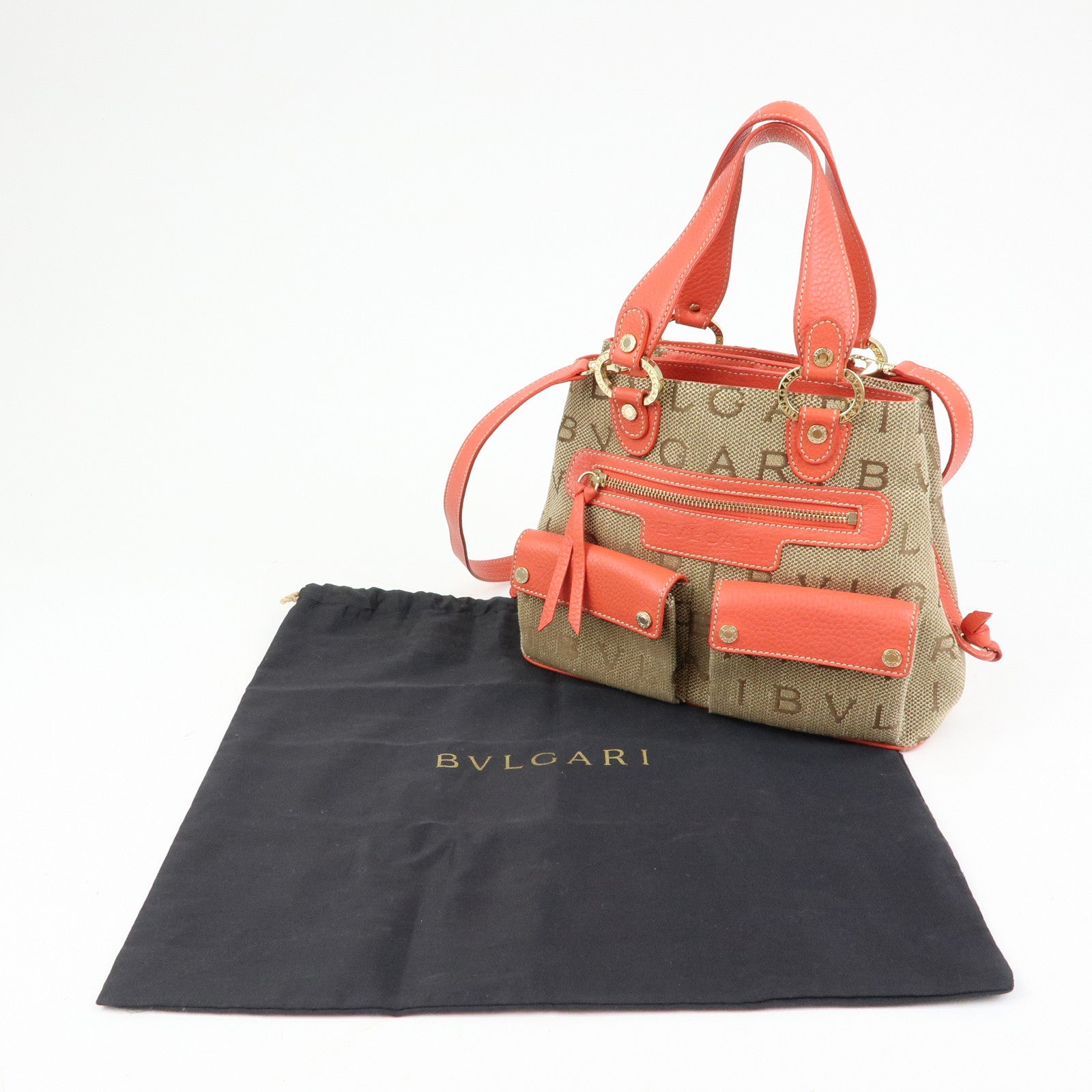 BVLGARI Logomania Canvas Leather 2Way Hand Shoulder Bag Brown Coral