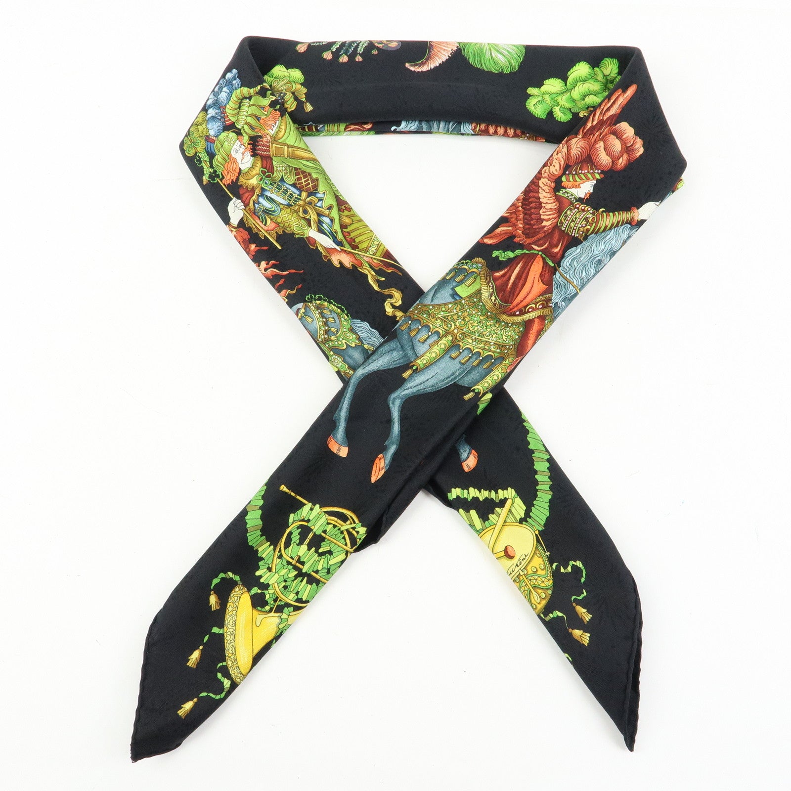 HERMES Carre 90 Silk 100% Scarf LES FETES DU ROI SOLEIL Black