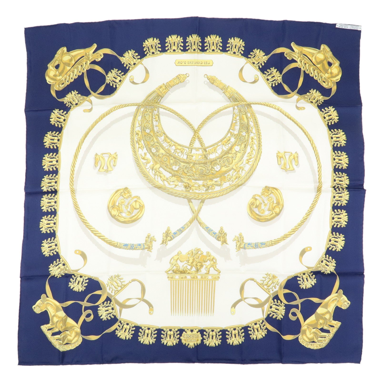 HERMES Carre 90 Silk 100% Scarf LES CAVALIERS D'OR Navy White