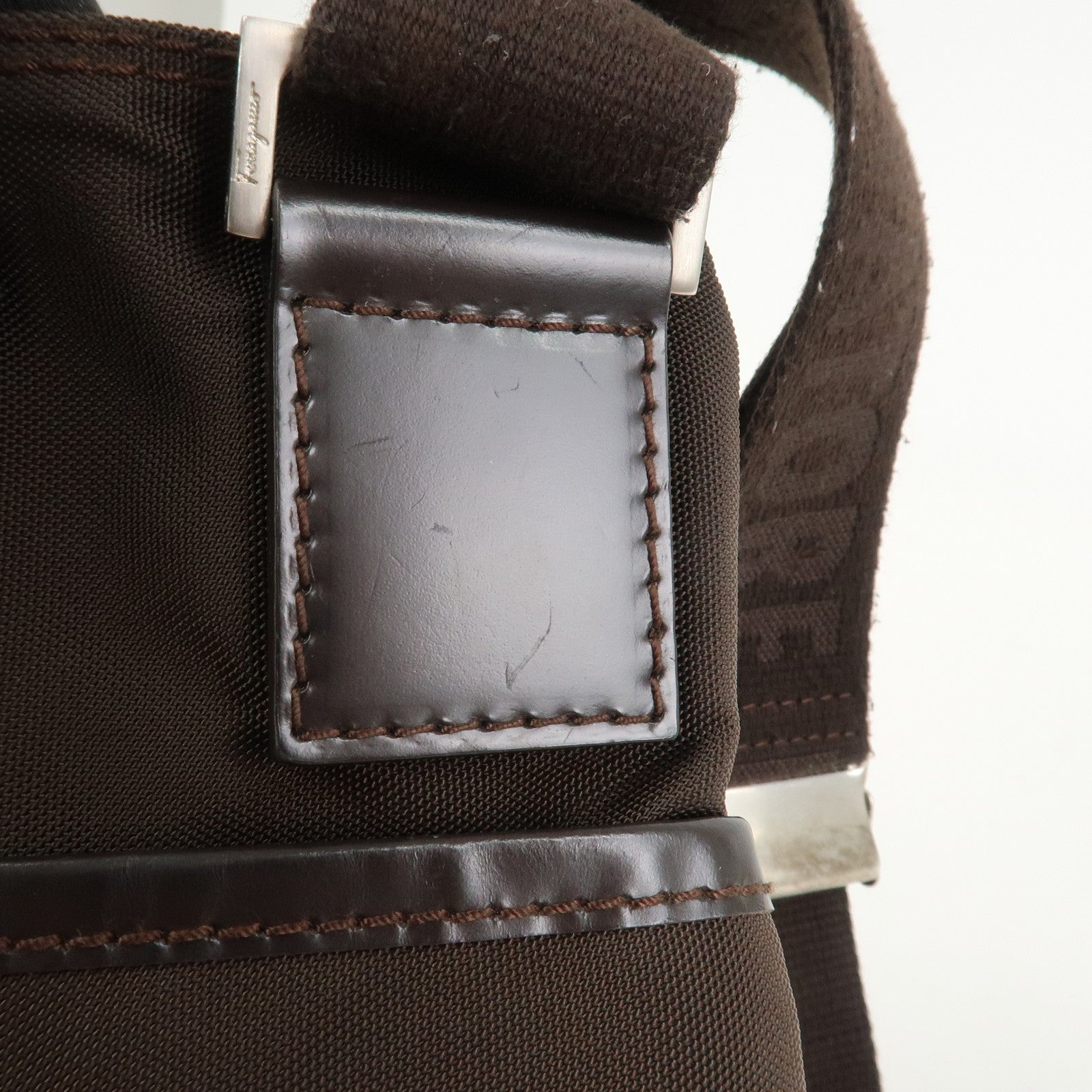 Ferragamo Nylon Leather Shoulder Bag Crossbody Bag Brown Silvern