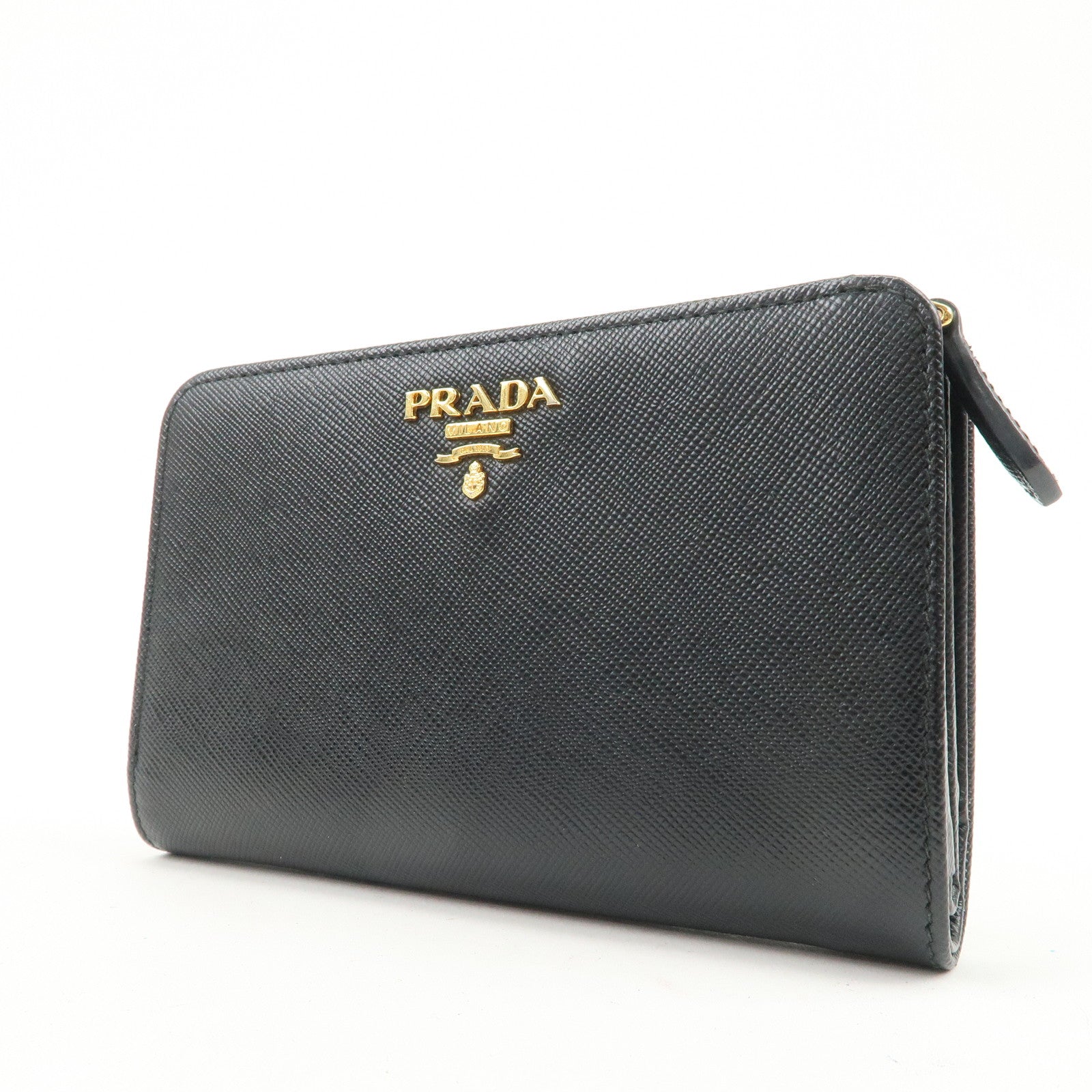 PRADA Logo Saffiano Leather Bi-fold Compact Wallet Black 1M1225