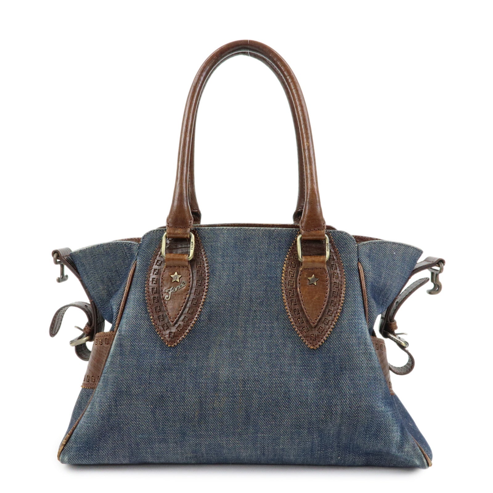 FENDI Etnico Denim Leather Shoulder Bag Indigo Blue Brown 8BN157