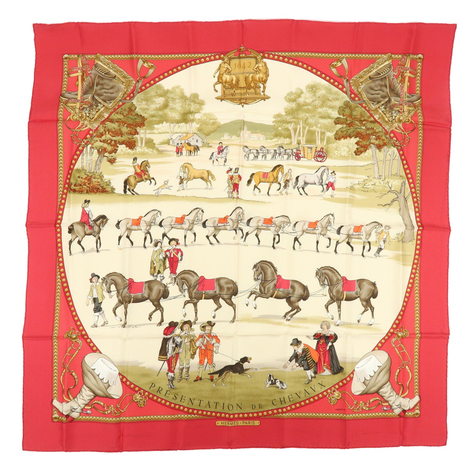 HERMES Carre 90 Silk 100% Scarf PRESENTATION DE CHEVAVX Beige Red