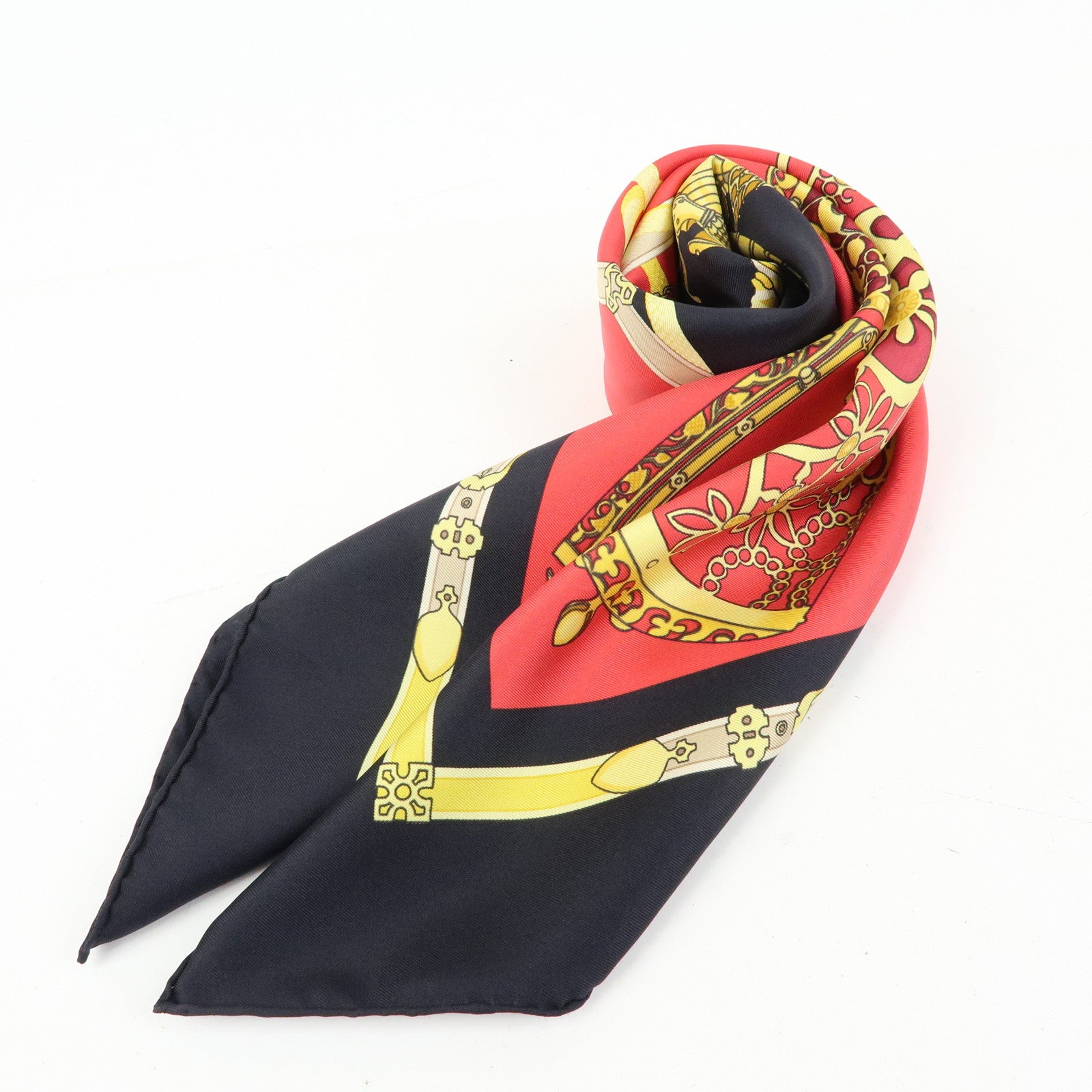 HERMES Carre 90 Silk 100% Scarf LES MUSEROLLES Black Red Gold