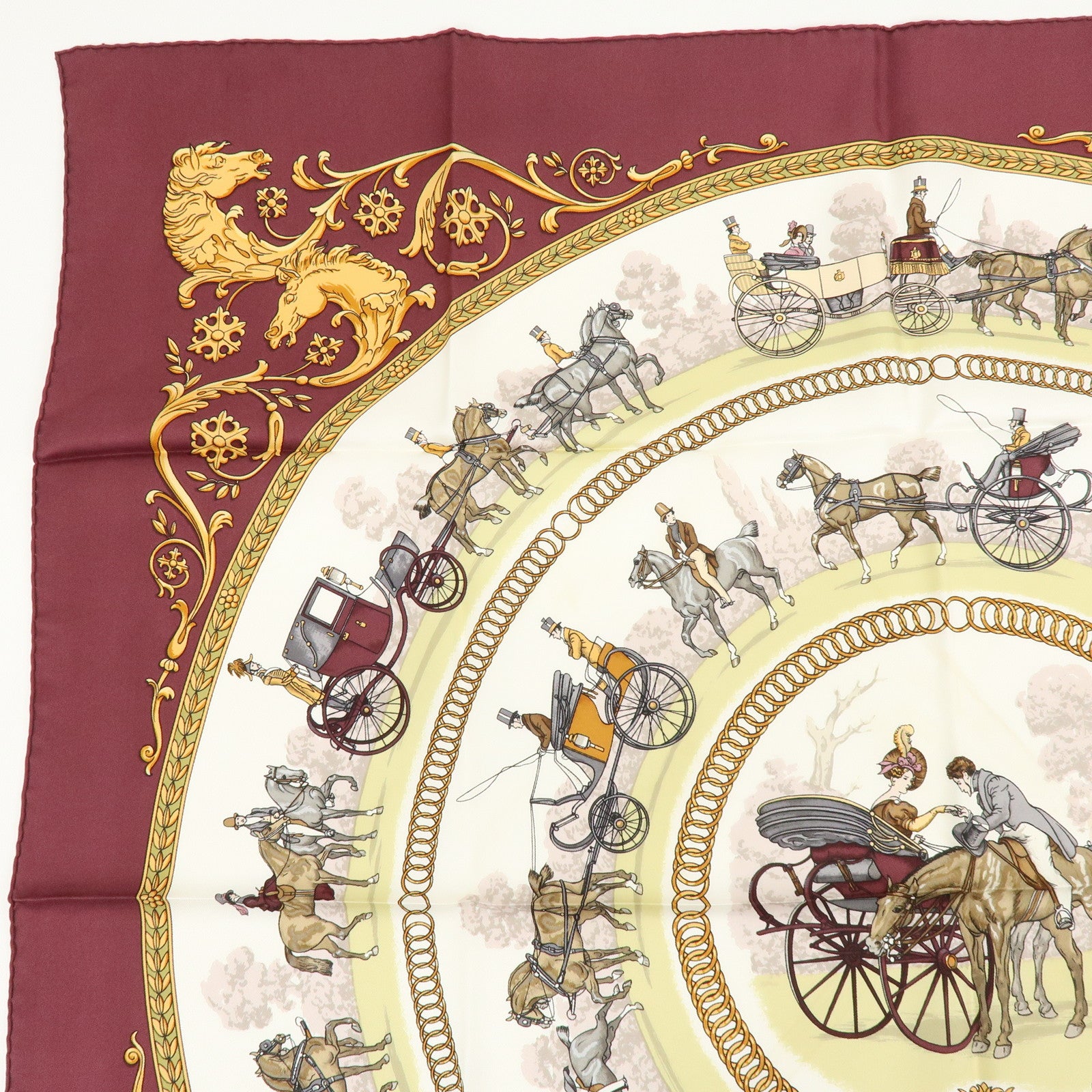 HERMES Carre 90 Silk 100% LA PROMENADE DE LONGCHAMPS Scarf Wine Red