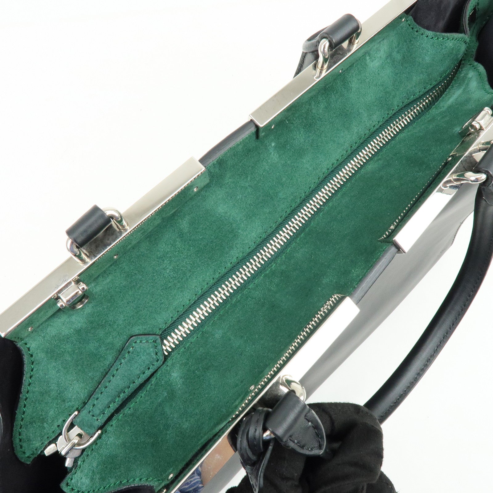 FENDI Trois Jours Leather Suede 2Way Hand Bag Black Green 8BH279