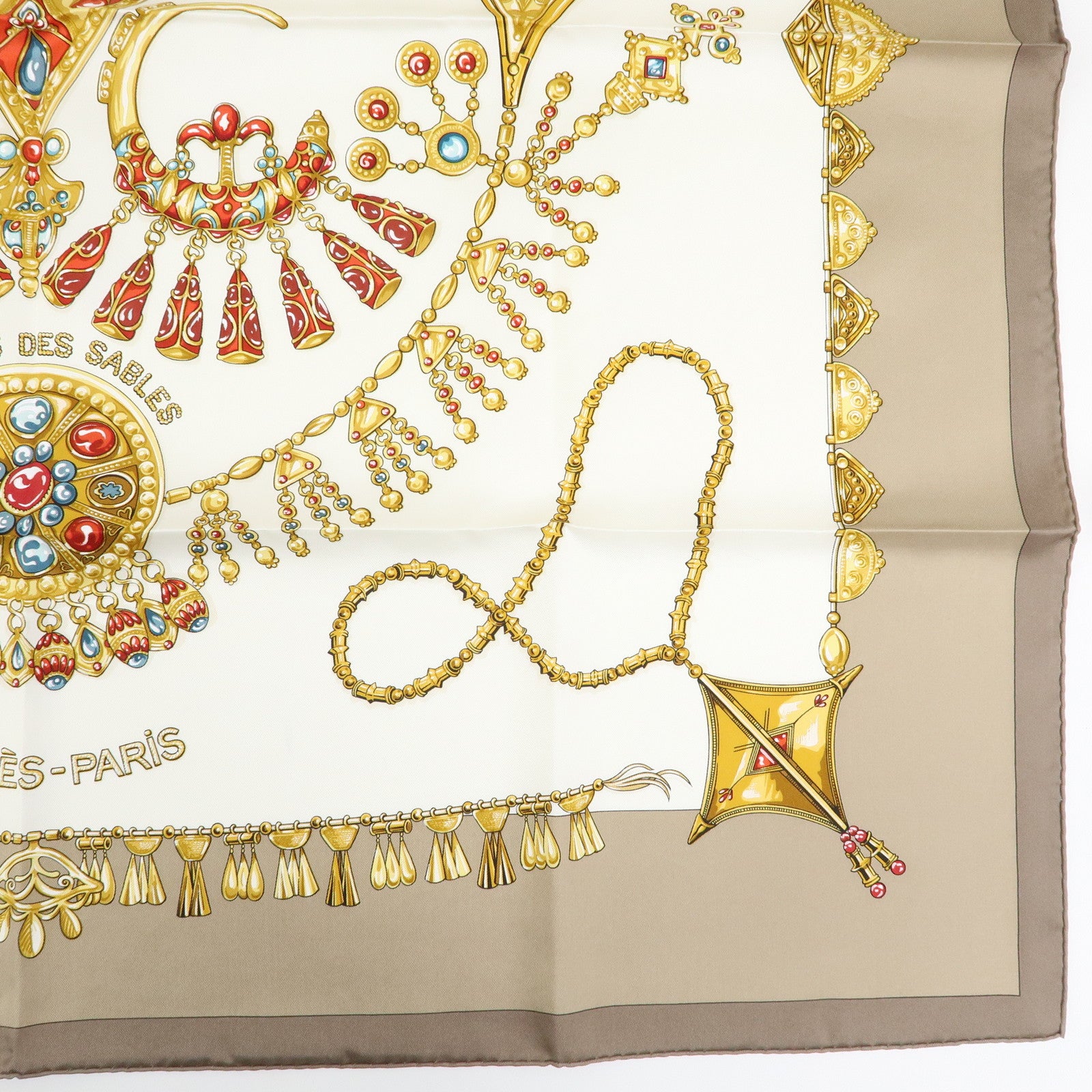 HERMES Carre 90 Silk 100% Scarf PARURES DES SABLES Gold Brown