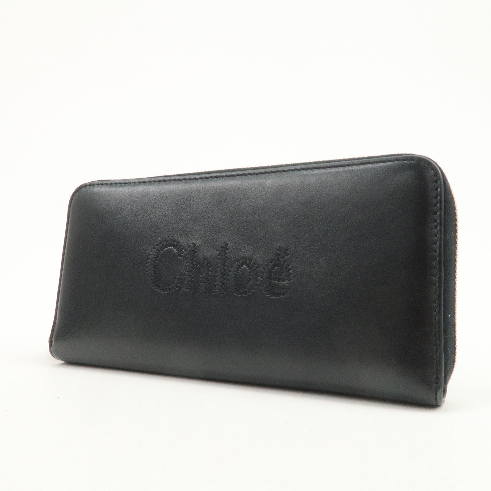 Chloe Logo Leather Round Zippy Long Wallet Black