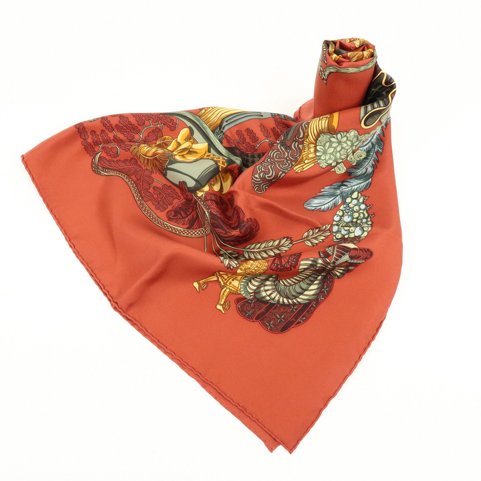 HERMES  Carre 90 Silk 100% Scarf chapeau Scarf Red Brown