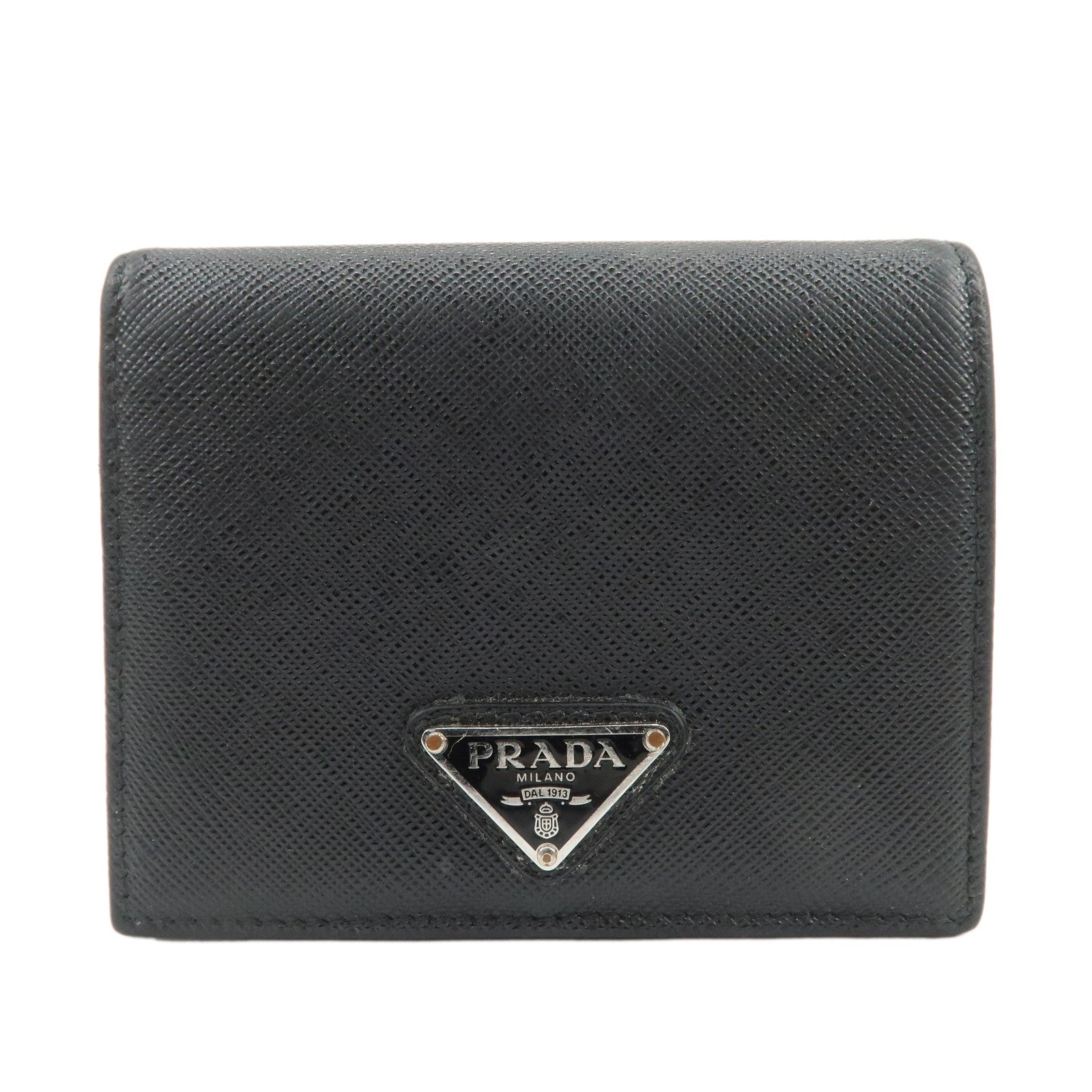 PRADA Triangle Logo Saffiano Leather Bi-Fold Compact Wallet Black