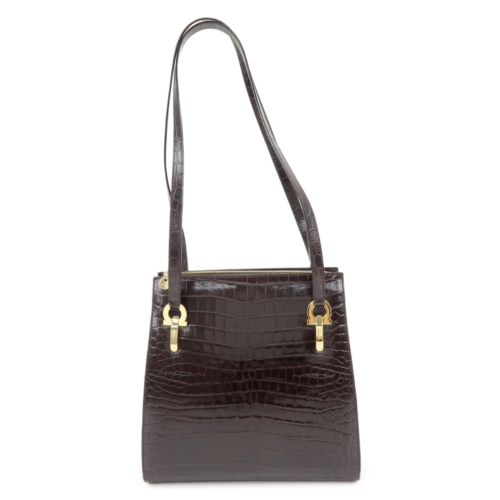 Ferragamo Gancini Embossed Leather Shoulder Bag Tote Bag Dark Brown