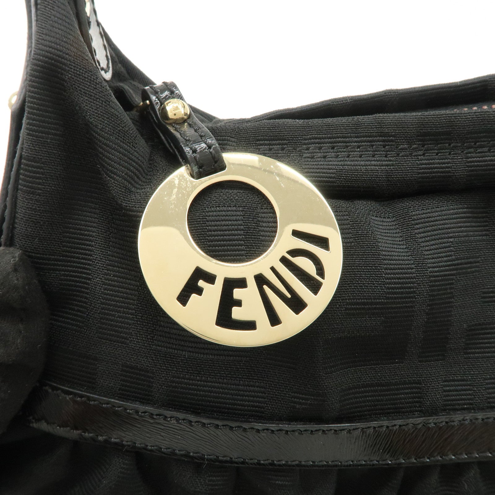 FENDI Zucca Canvas Leather Gathered Shoulder Bag Black 8BR448