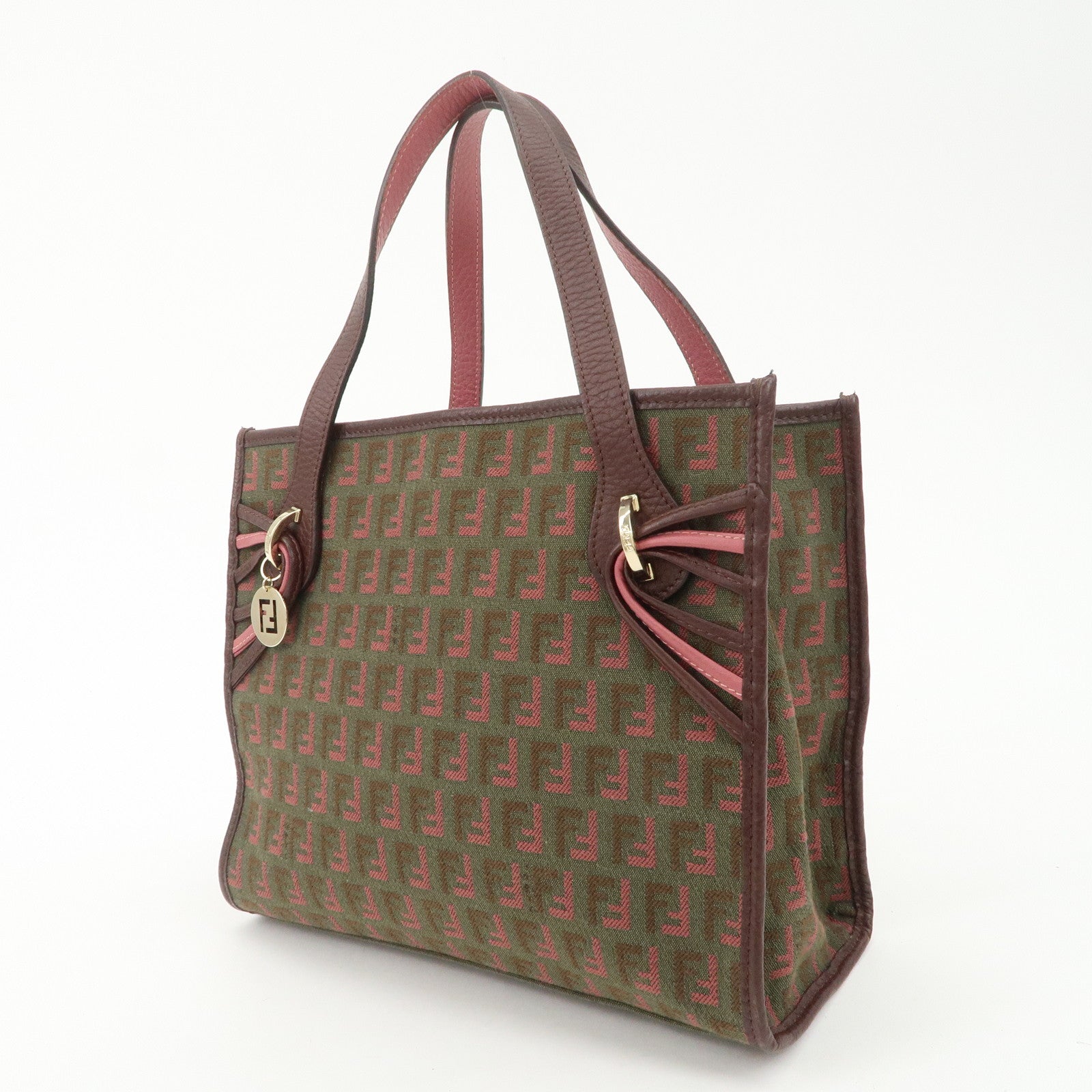 FENDI Zucchino Leather Canvas Hand Bag Khaki Bordeaux